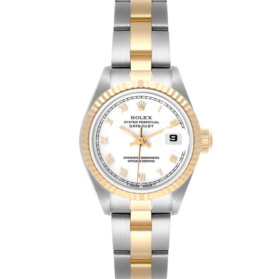 The Rolex Datejust watch is shown from a front angle, displaying the dial, bezel, and bracelet.