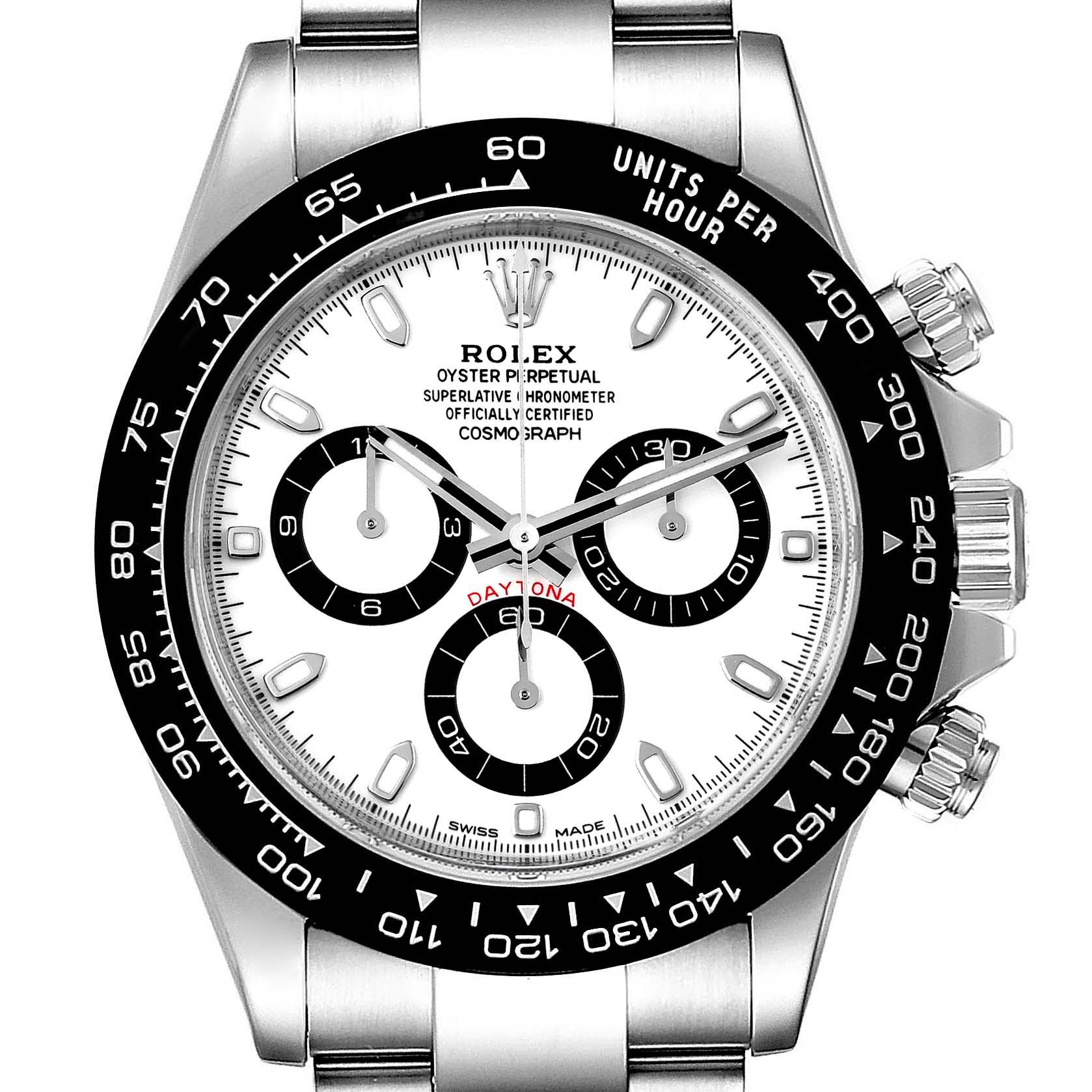 This image shows the front view of the Rolex Daytona 116500 Men's Stainless Steel White Dial 116500 Men's Stainless Steel White Dial watch, highlighting the dial, bezel, and side buttons.