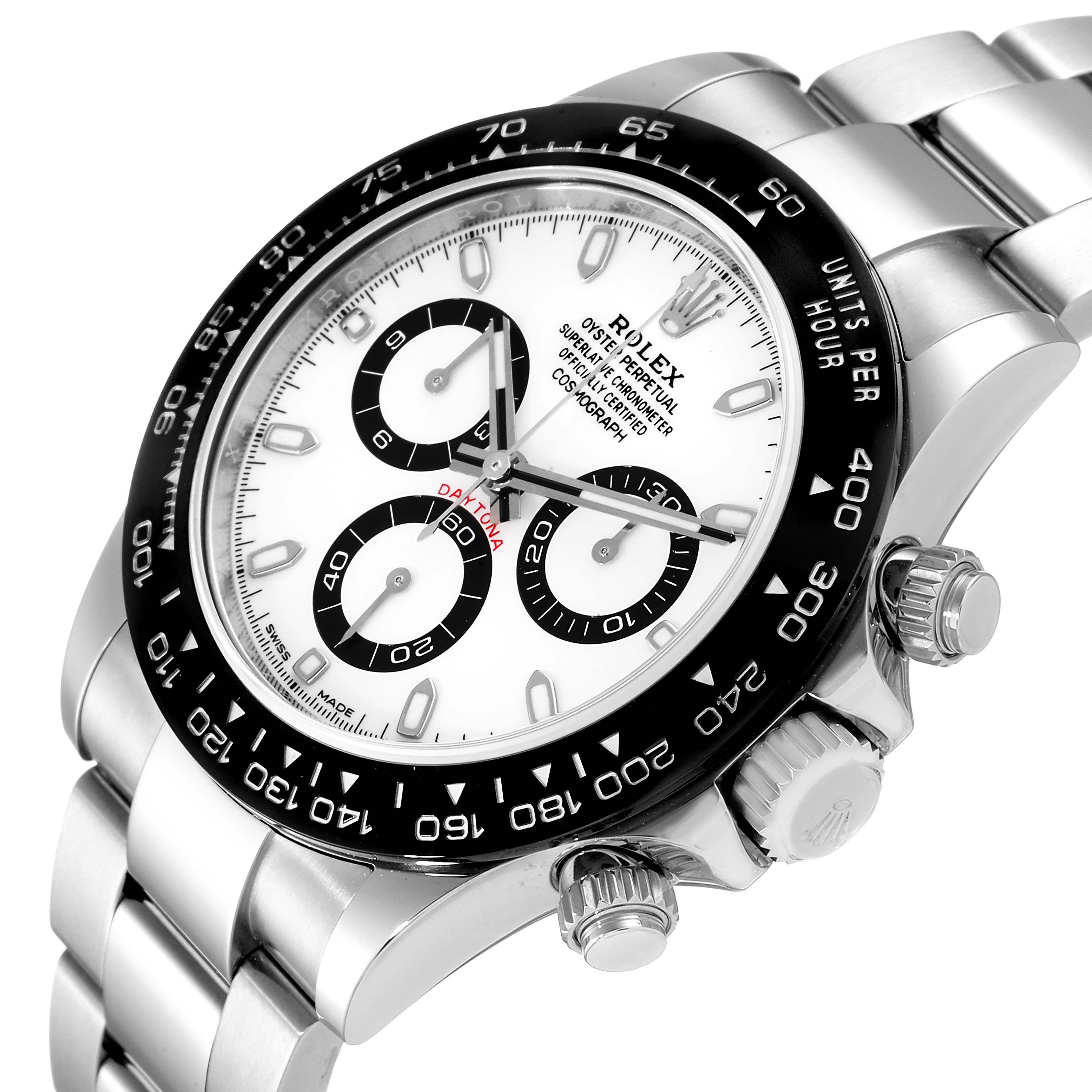The Rolex Daytona 116500 Men's Stainless Steel White Dial 116500 Men's Stainless Steel White Dial watch is shown at an angled view displaying its face, bezel, pushers, and part of the bracelet.
