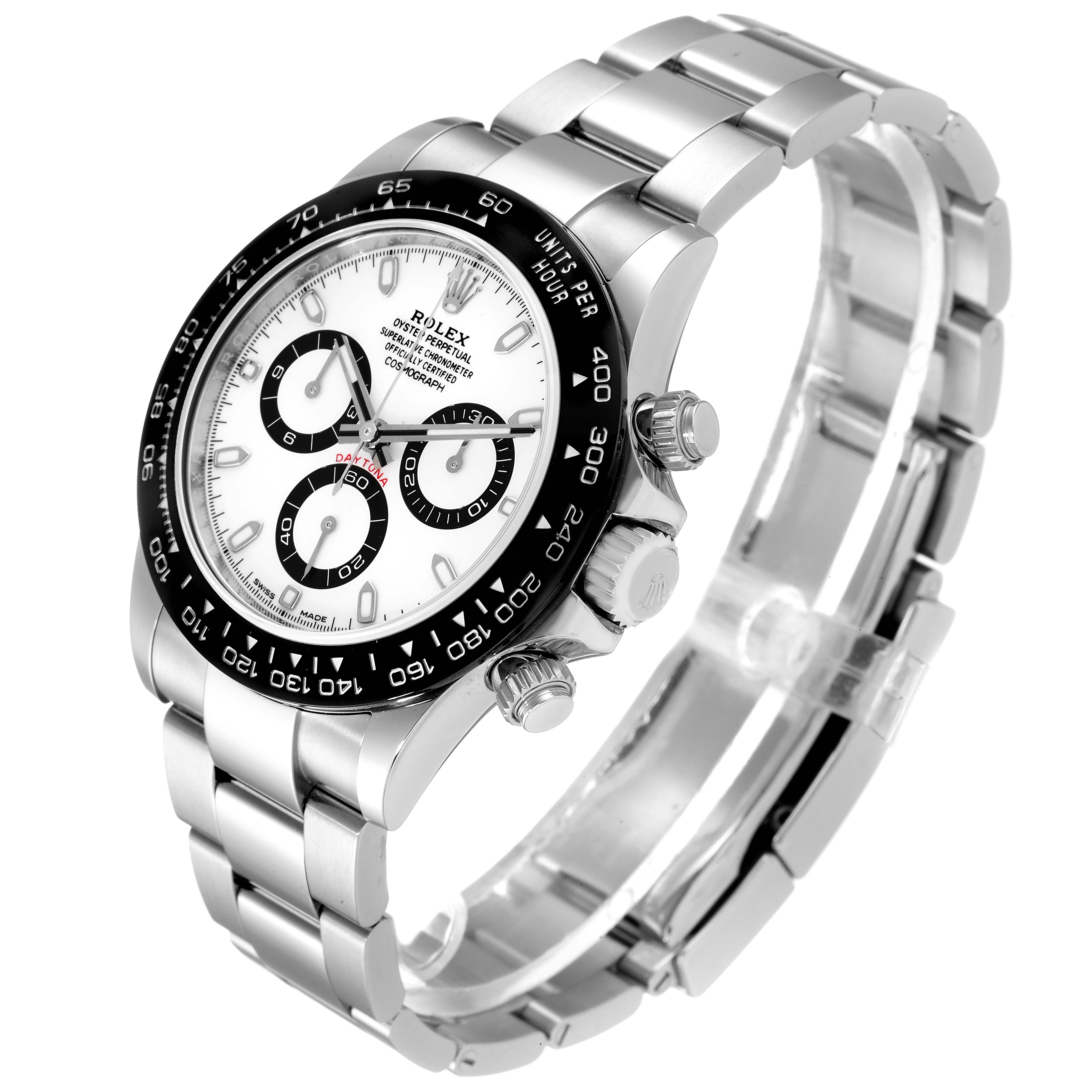 The image shows a Rolex Daytona 116500 Men's Stainless Steel White Dial 116500 Men's Stainless Steel White Dial watch at a 3/4 angle, highlighting its face, bezel, chronograph pushers, and metal bracelet.