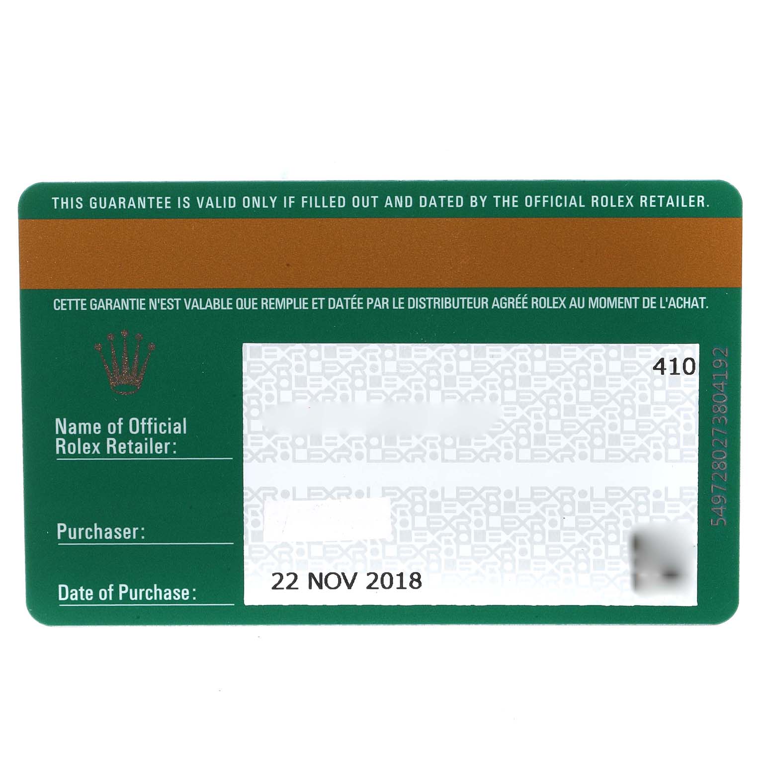 This image shows a warranty card for a Rolex Daytona 116500 Men's Stainless Steel White Dial 116500 Men's Stainless Steel White Dial watch, dated 22 Nov 2018.