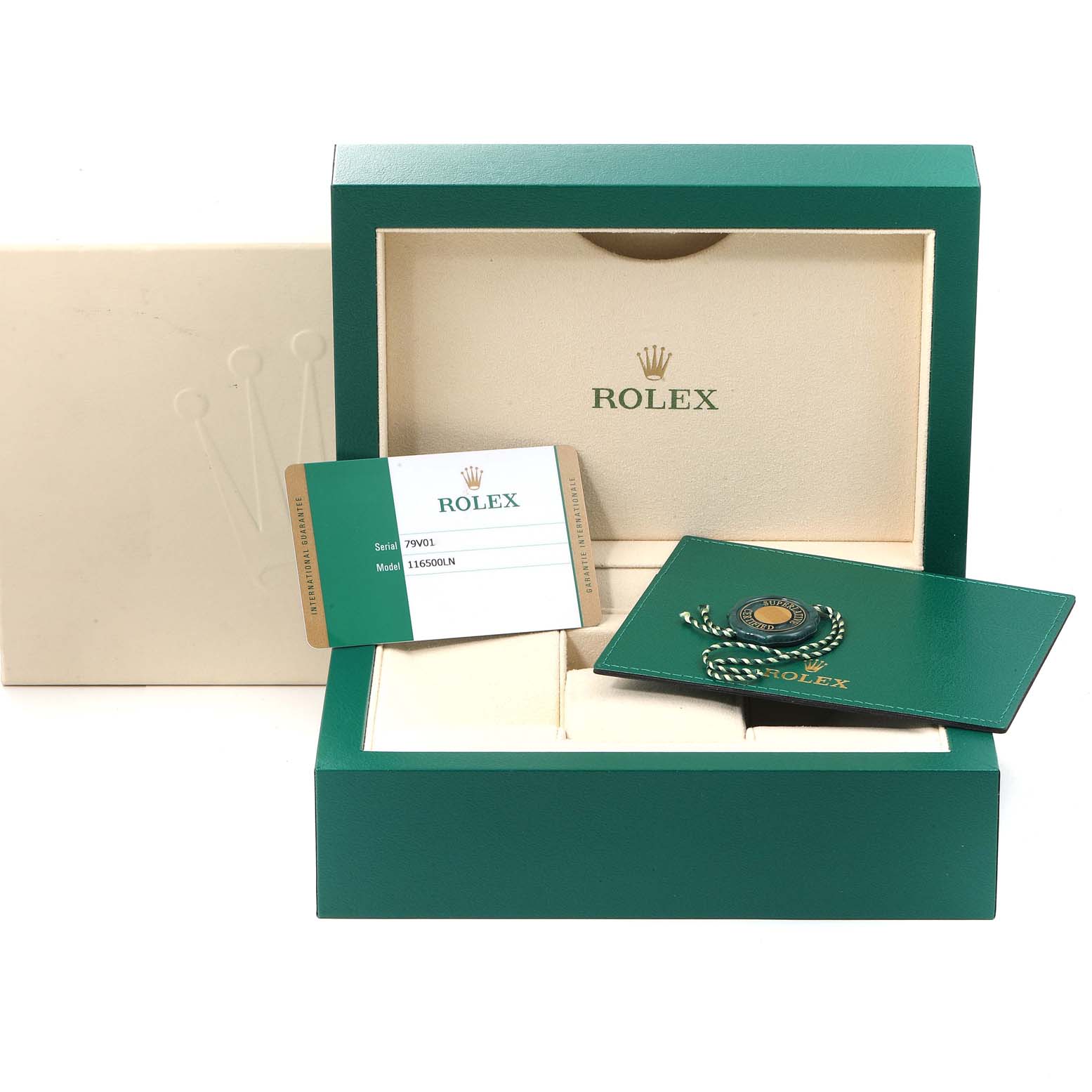 The image shows the box, warranty card, and accessory pouch for a Rolex Daytona 116500 Men's Stainless Steel White Dial 116500 Men's Stainless Steel White Dial watch model.