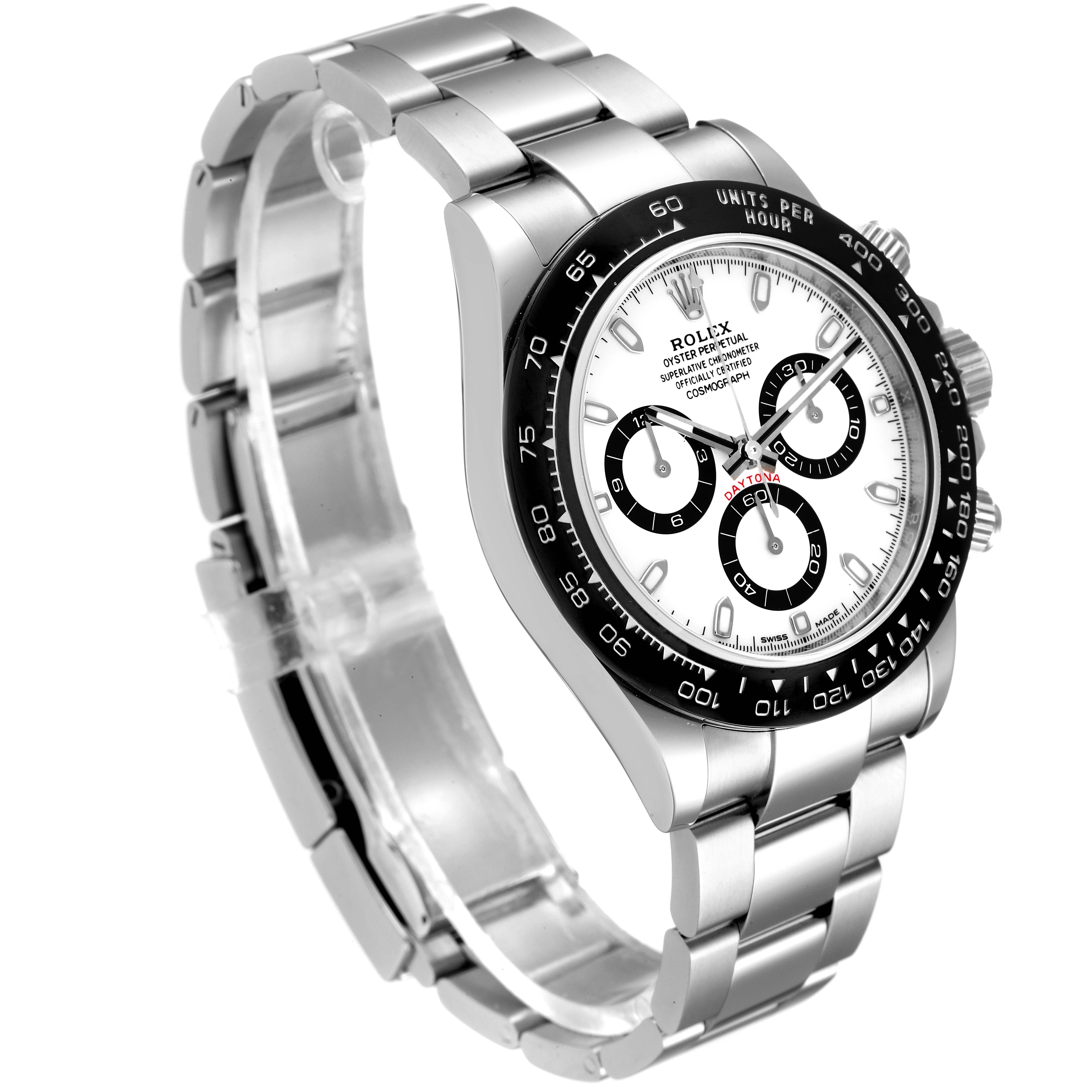 The image shows a Rolex Daytona 116500 Men's Stainless Steel White Dial 116500 Men's Stainless Steel White Dial watch at a three-quarter angle, displaying the face, bezel, and bracelet.