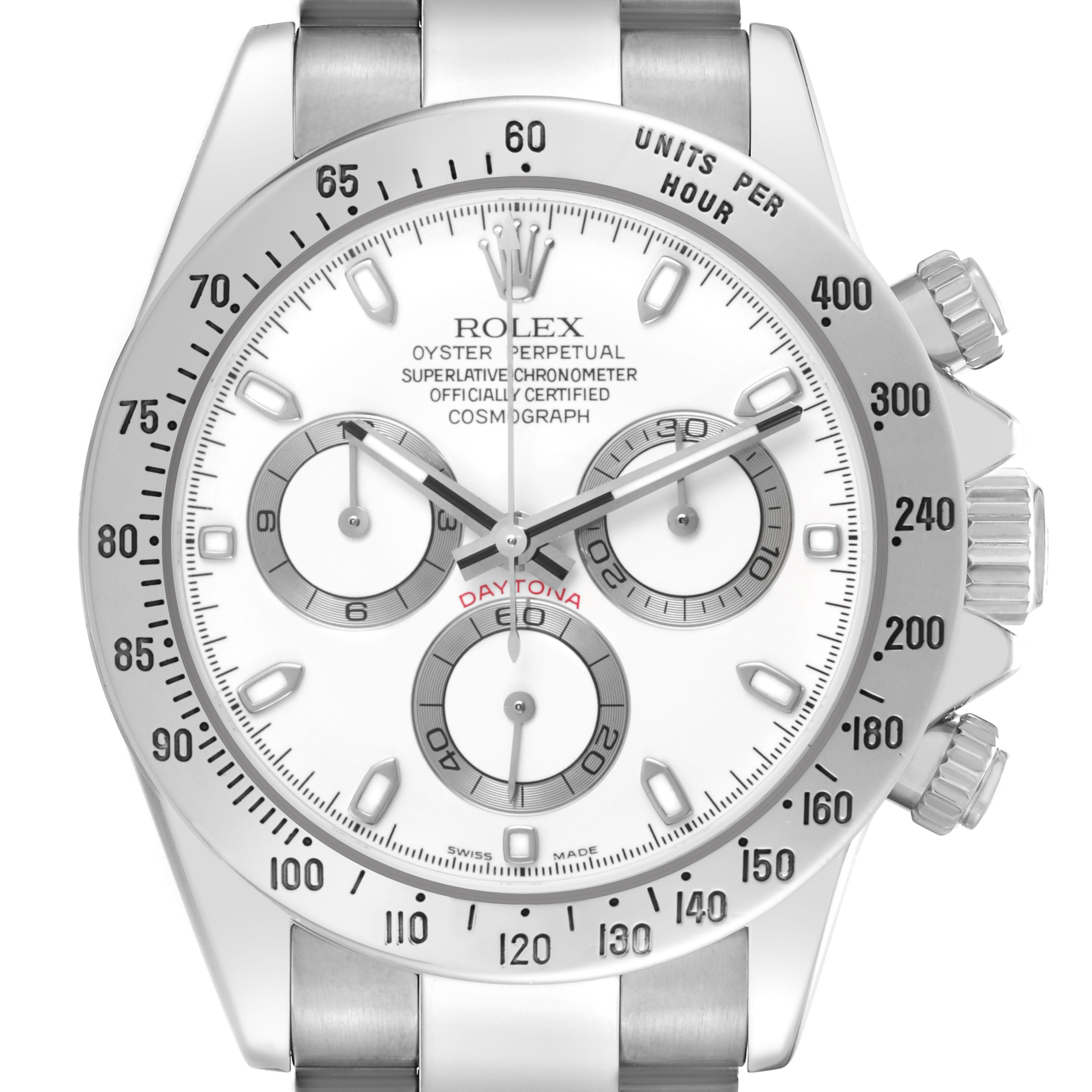 This image shows a frontal view of the Rolex Daytona 116520 Men's Stainless Steel White Dial watch, highlighting the dial, bezel, and pushers.