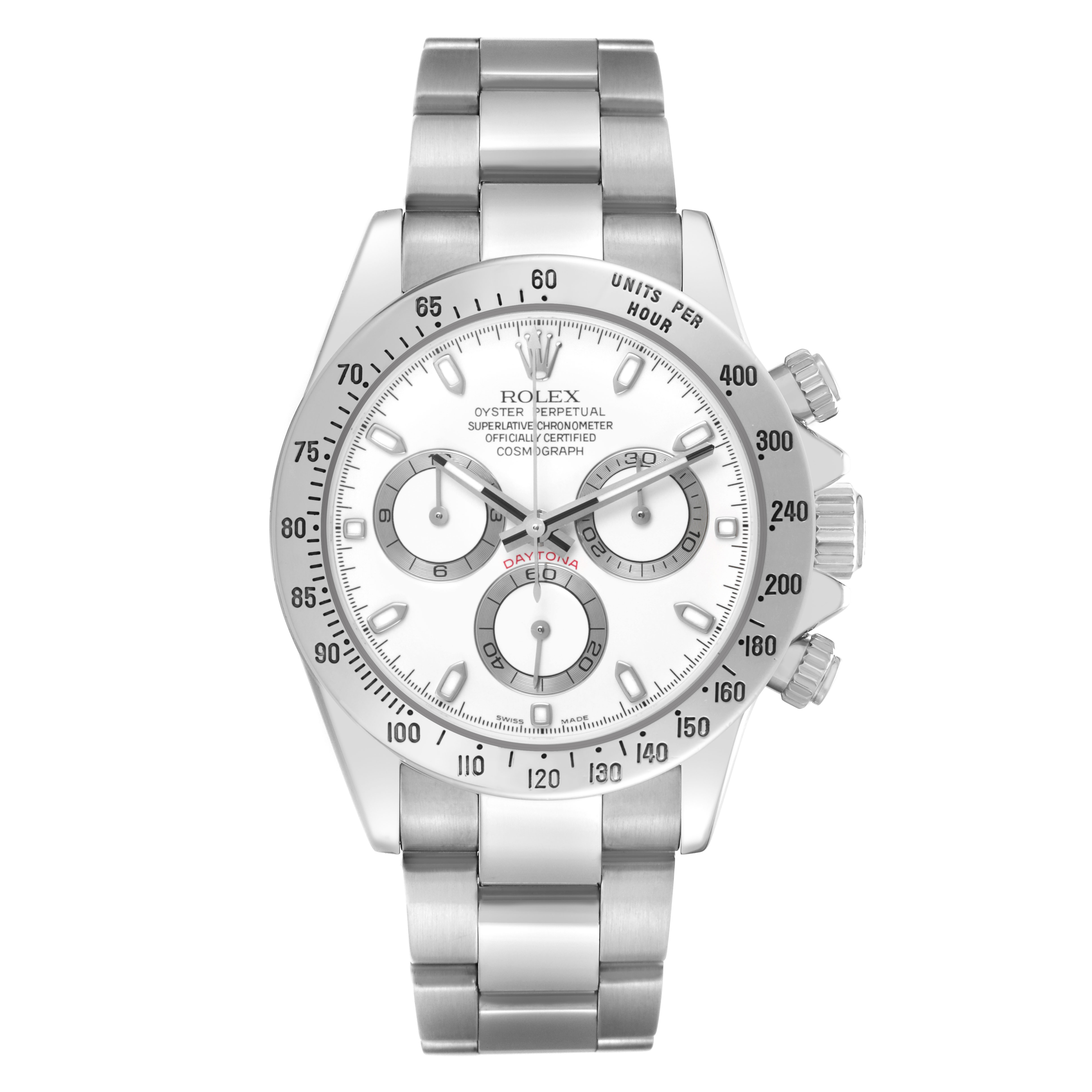 The Rolex Daytona 116520 Men's Stainless Steel White Dial watch is shown from a front angle, displaying its face, bezel, crown, pushers, and bracelet.