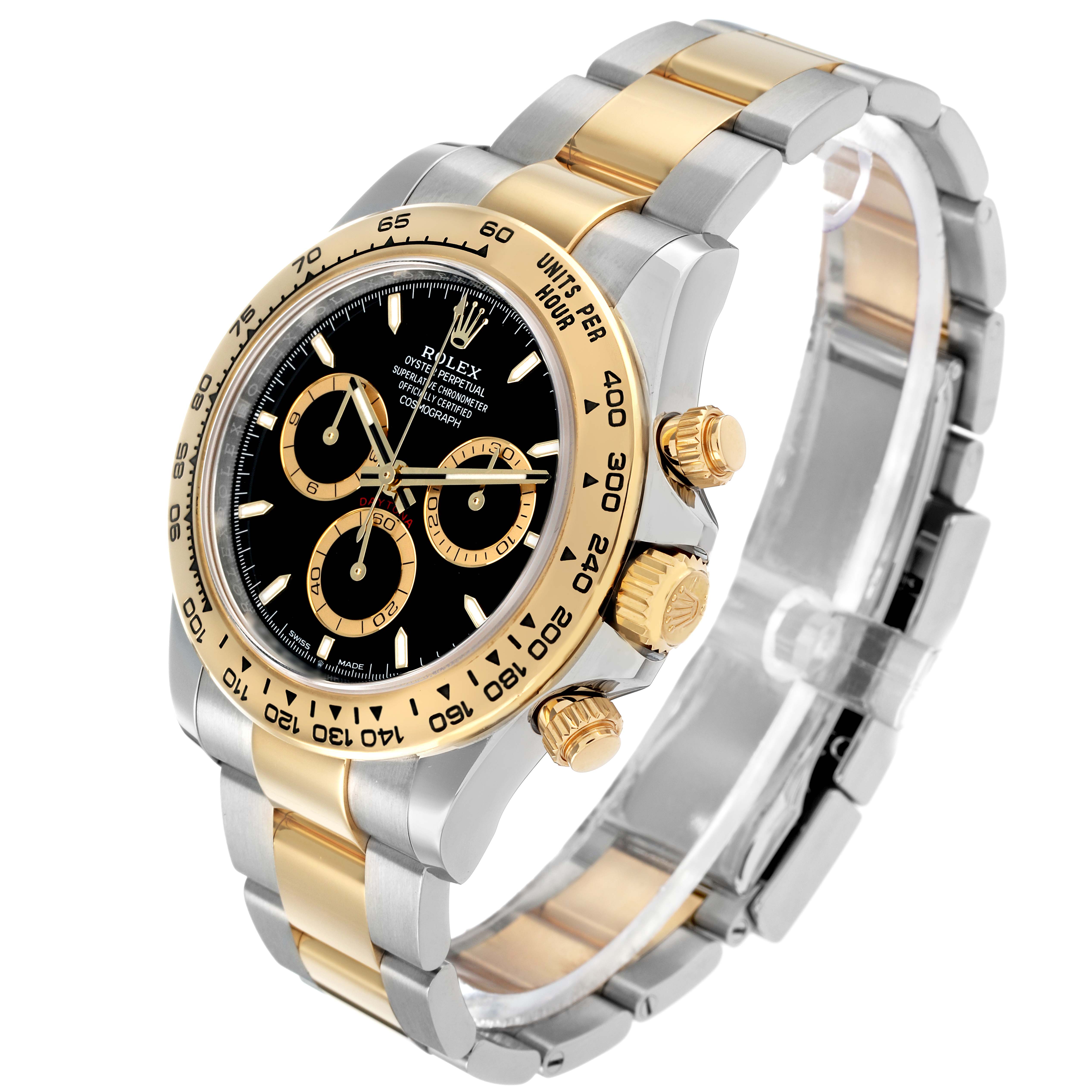 The Rolex Daytona 126503 Men's Steel and Gold (two tone) Black Dial watch is shown at an angle displaying its bezel, dial, crown, pushers, and two-tone bracelet.