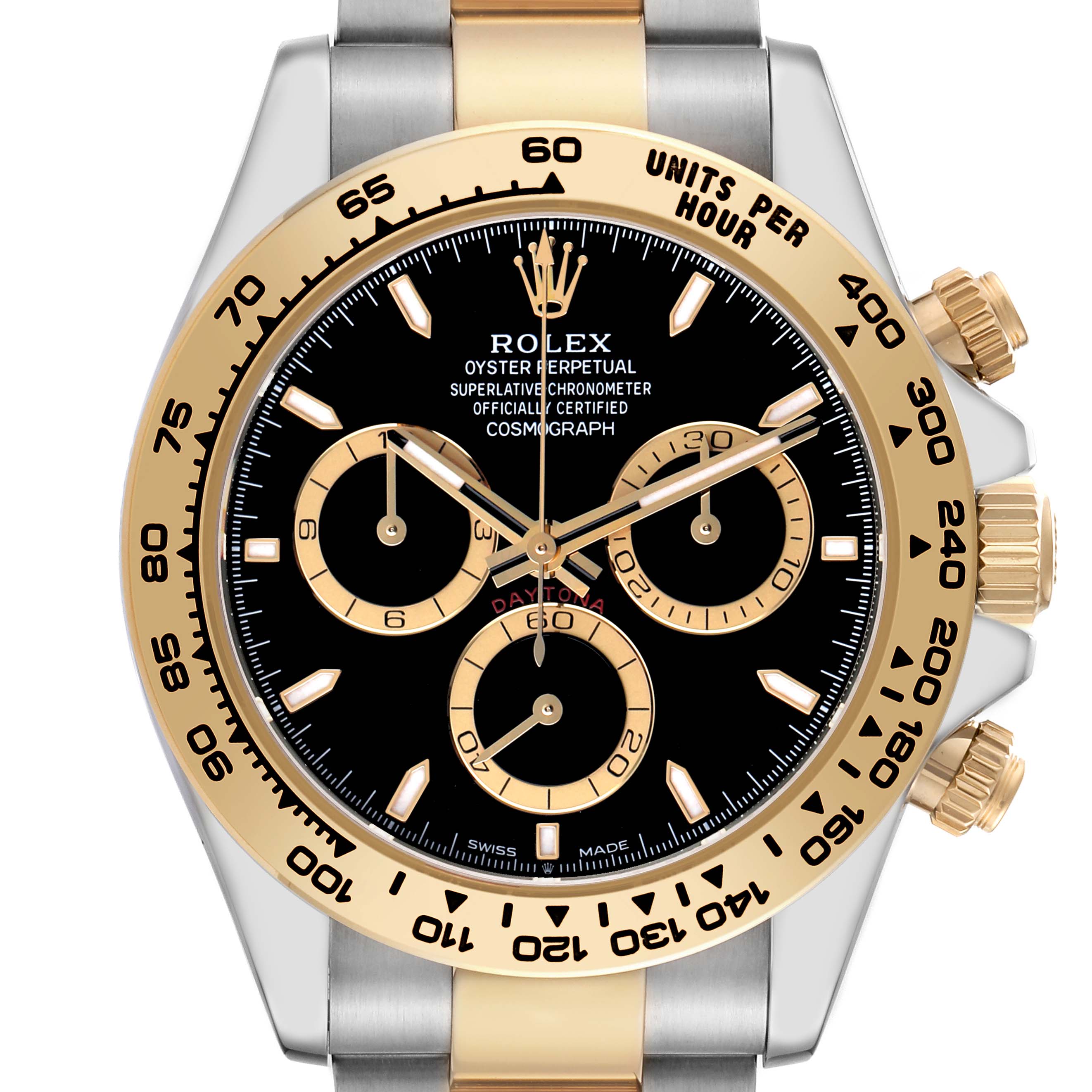 The Rolex Daytona 126503 Men's Steel and Gold (two tone) Black Dial watch is shown from a front view, highlighting the face, bezel, and part of the bracelet.