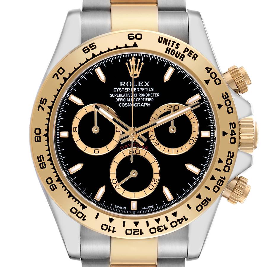 The Rolex Daytona 126503 Men's Steel and Gold (two tone) Black Dial watch is shown from a front view, highlighting the face, bezel, and part of the bracelet.