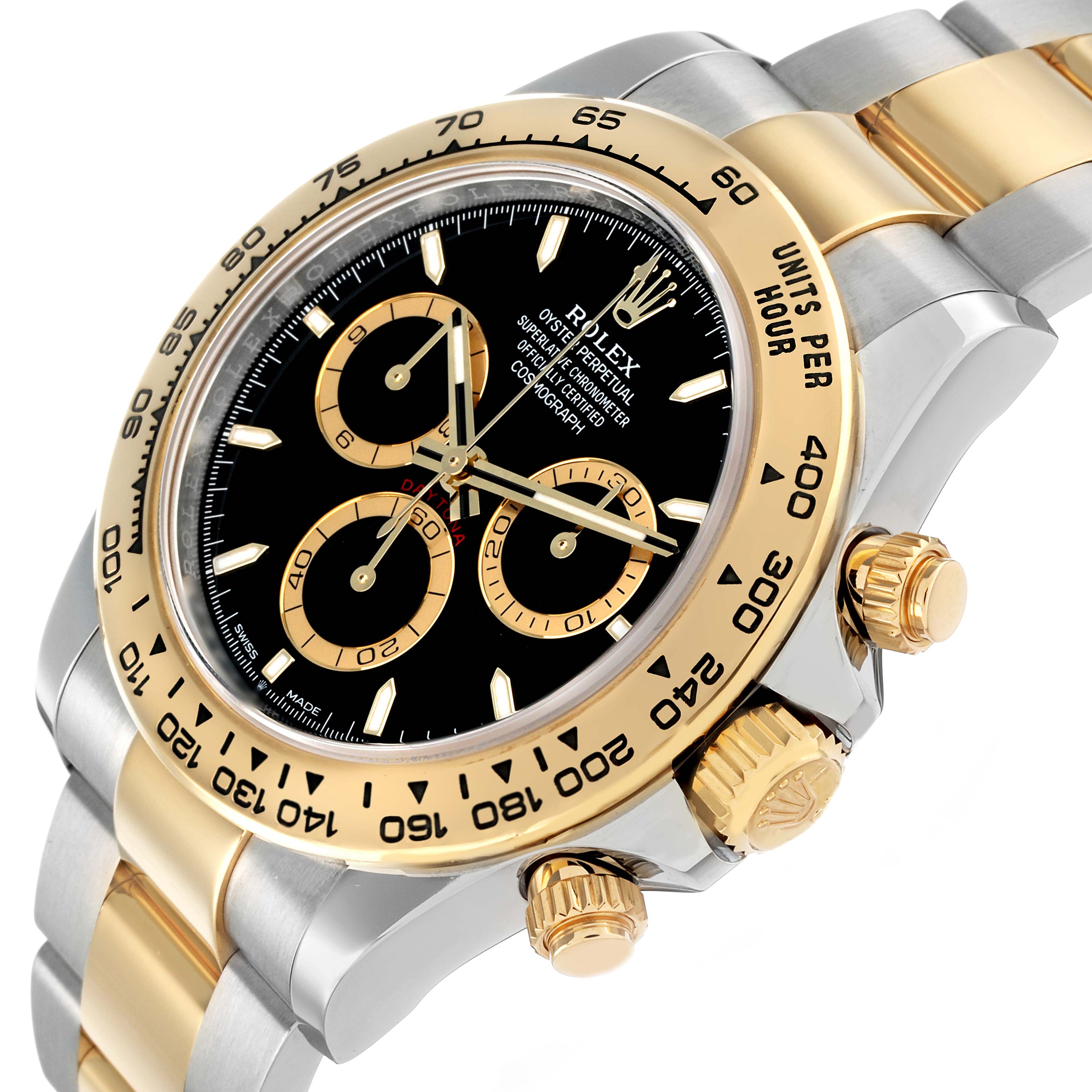The Rolex Daytona 126503 Men's Steel and Gold (two tone) Black Dial watch is shown from a three-quarter angle, highlighting its bezel, dial, crown, push buttons, and bracelet.