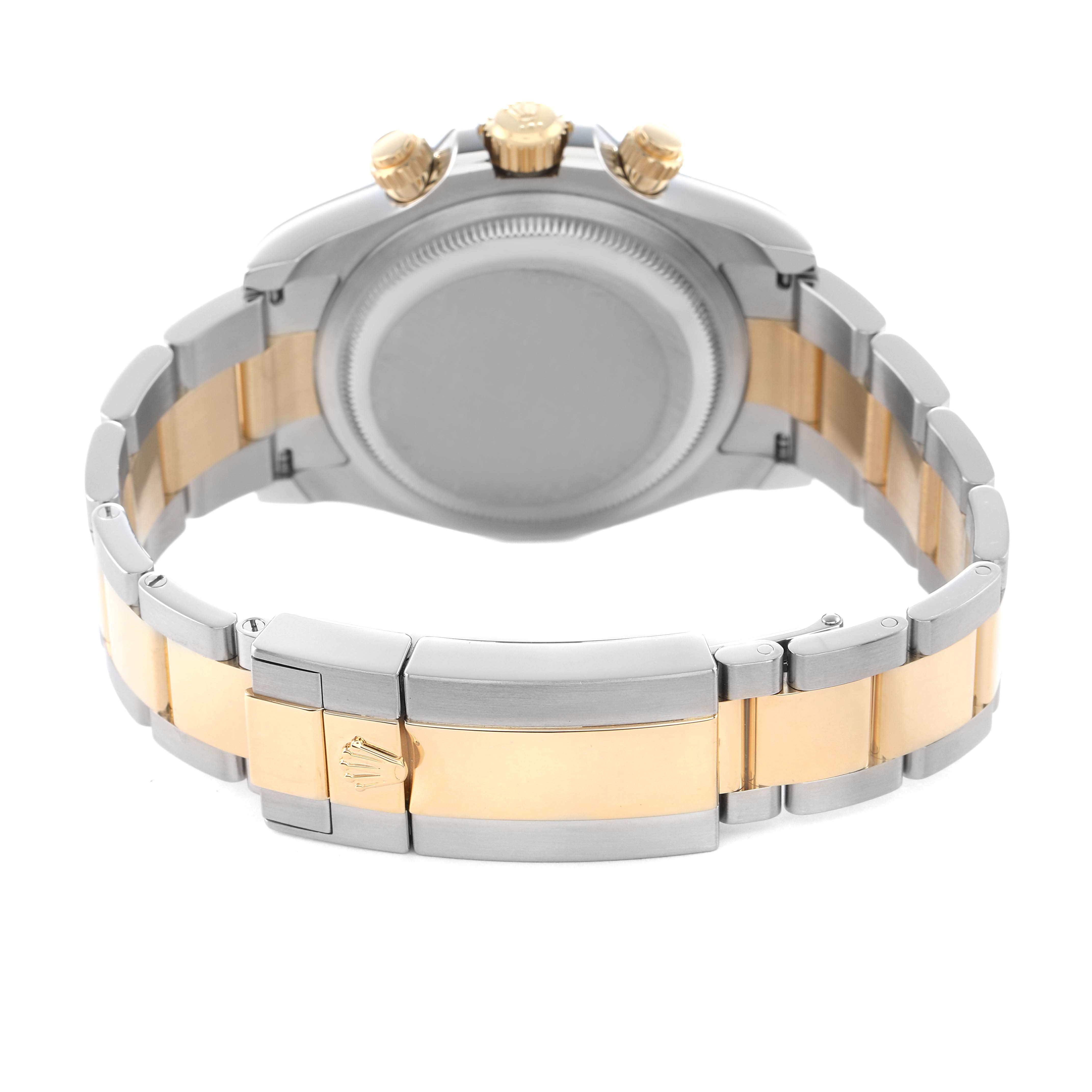 The Rolex Daytona 126503 Men's Steel and Gold (two tone) Black Dial watch is shown from the back, displaying the two-tone bracelet, case back, and crown.