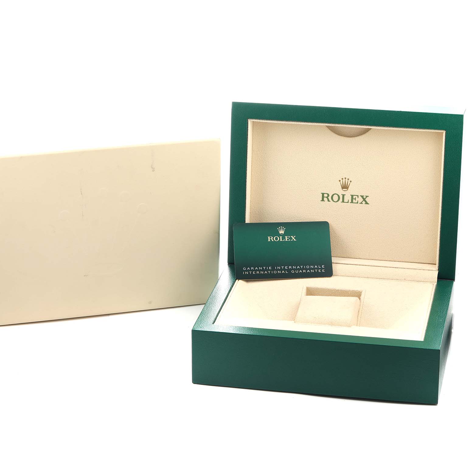 The image shows a Rolex Daytona 126503 Men's Steel and Gold (two tone) Black Dial watch box at an angle, featuring the open green case with the international guarantee card visible.