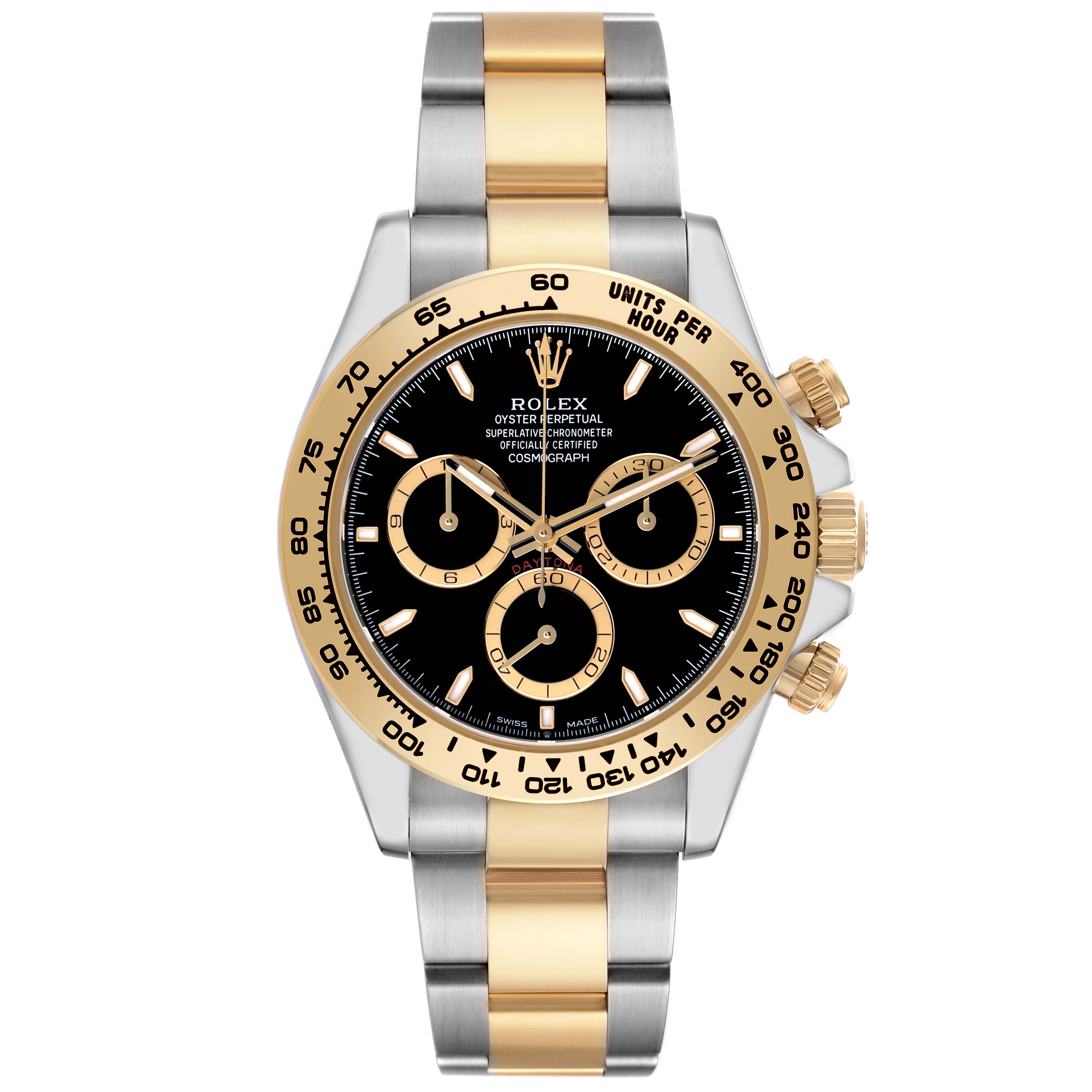 The Rolex Daytona 126503 Men's Steel and Gold (two tone) Black Dial watch is shown in a front view, highlighting its dial, bezel, and two-tone bracelet.