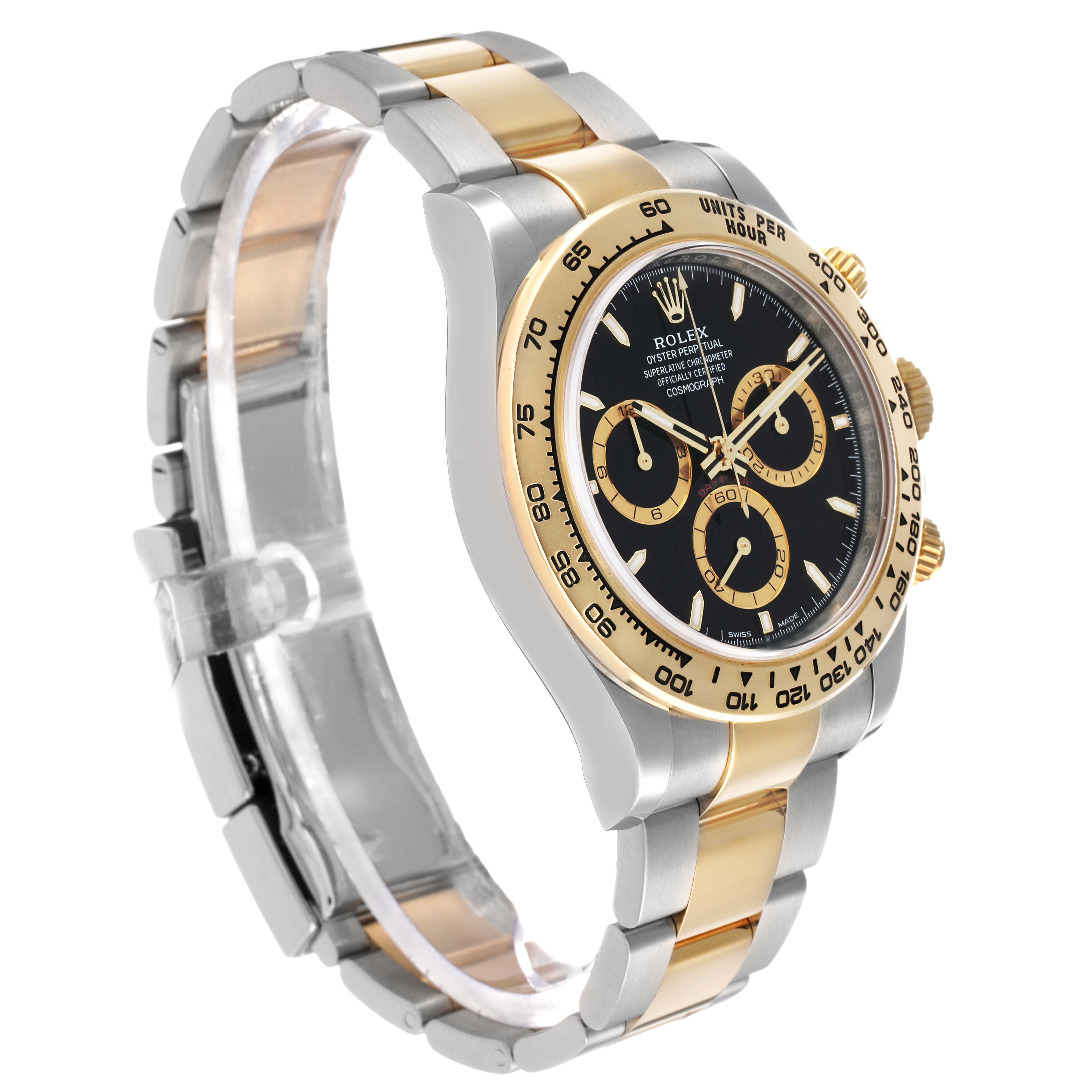 The Rolex Daytona 126503 Men's Steel and Gold (two tone) Black Dial watch is shown at a three-quarter angle, displaying the face, bezel, crown, and part of the bracelet.