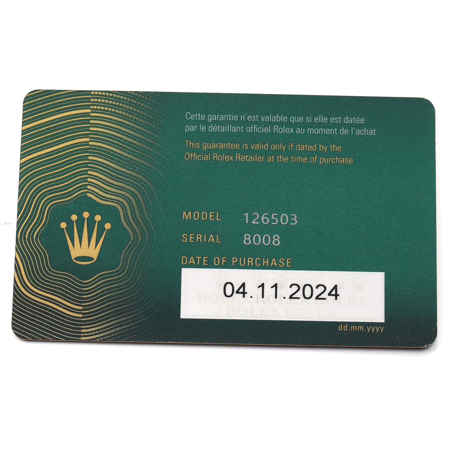 The image shows a green warranty card for a Rolex Daytona 126503 Men's Steel and Gold (two tone) Black Dial watch, model 126503.
