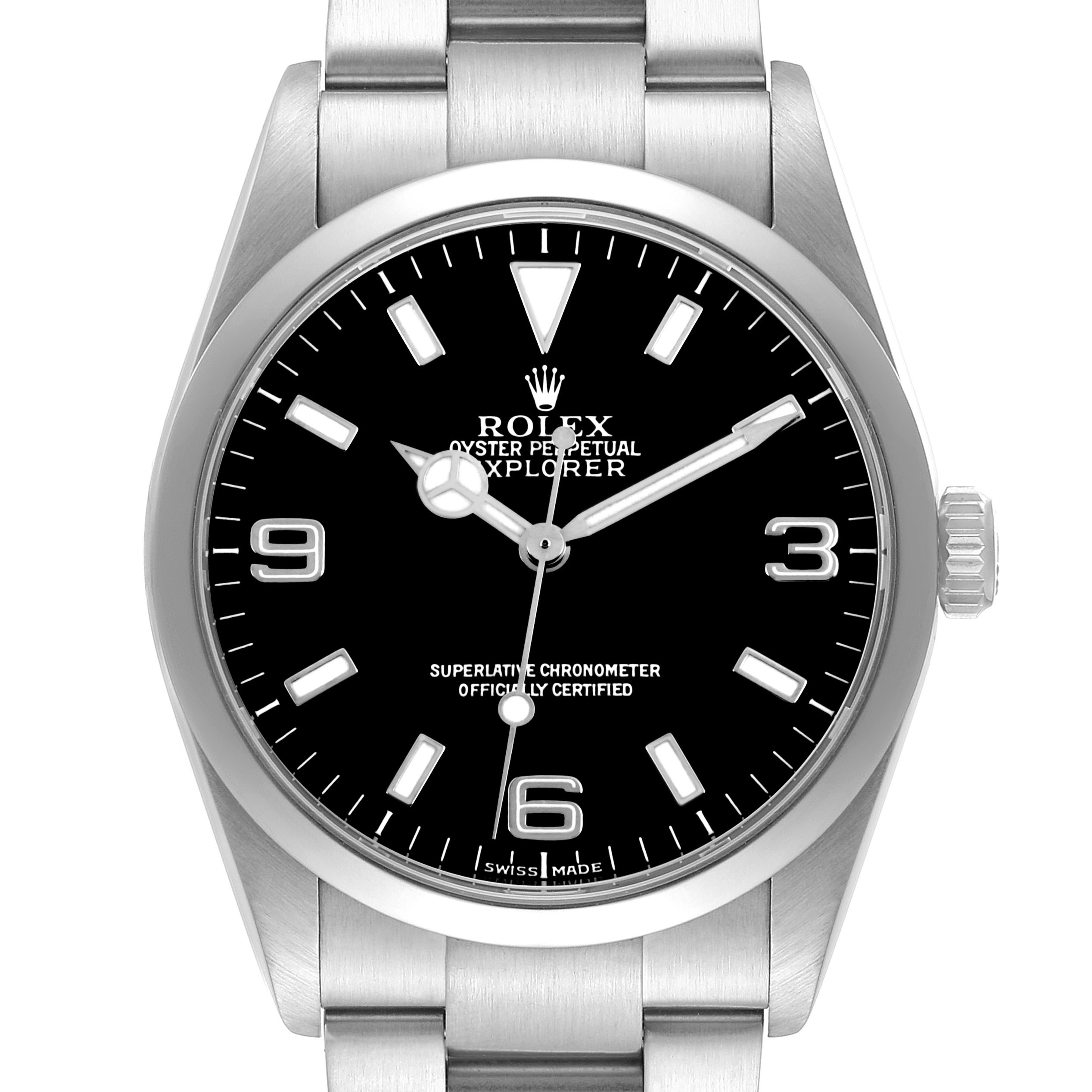 The Rolex Explorer 114270 Men's Stainless Steel Black Dial watch is shown from a front angle, highlighting its black dial, silver hour markers, and stainless steel bracelet.