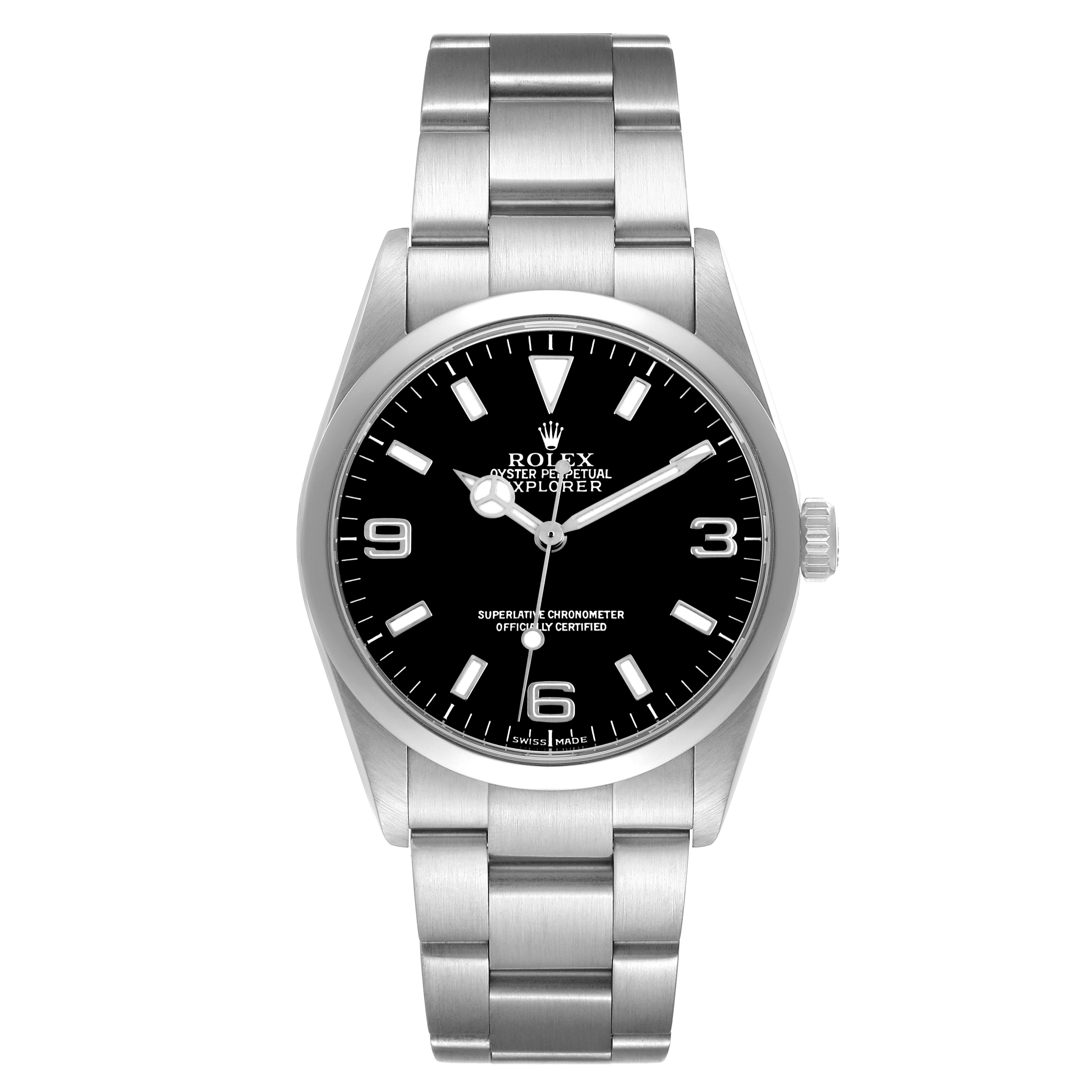 The Rolex Explorer 114270 Men's Stainless Steel Black Dial model watch is shown from the front, displaying the dial, bezel, crown, and stainless steel bracelet.
