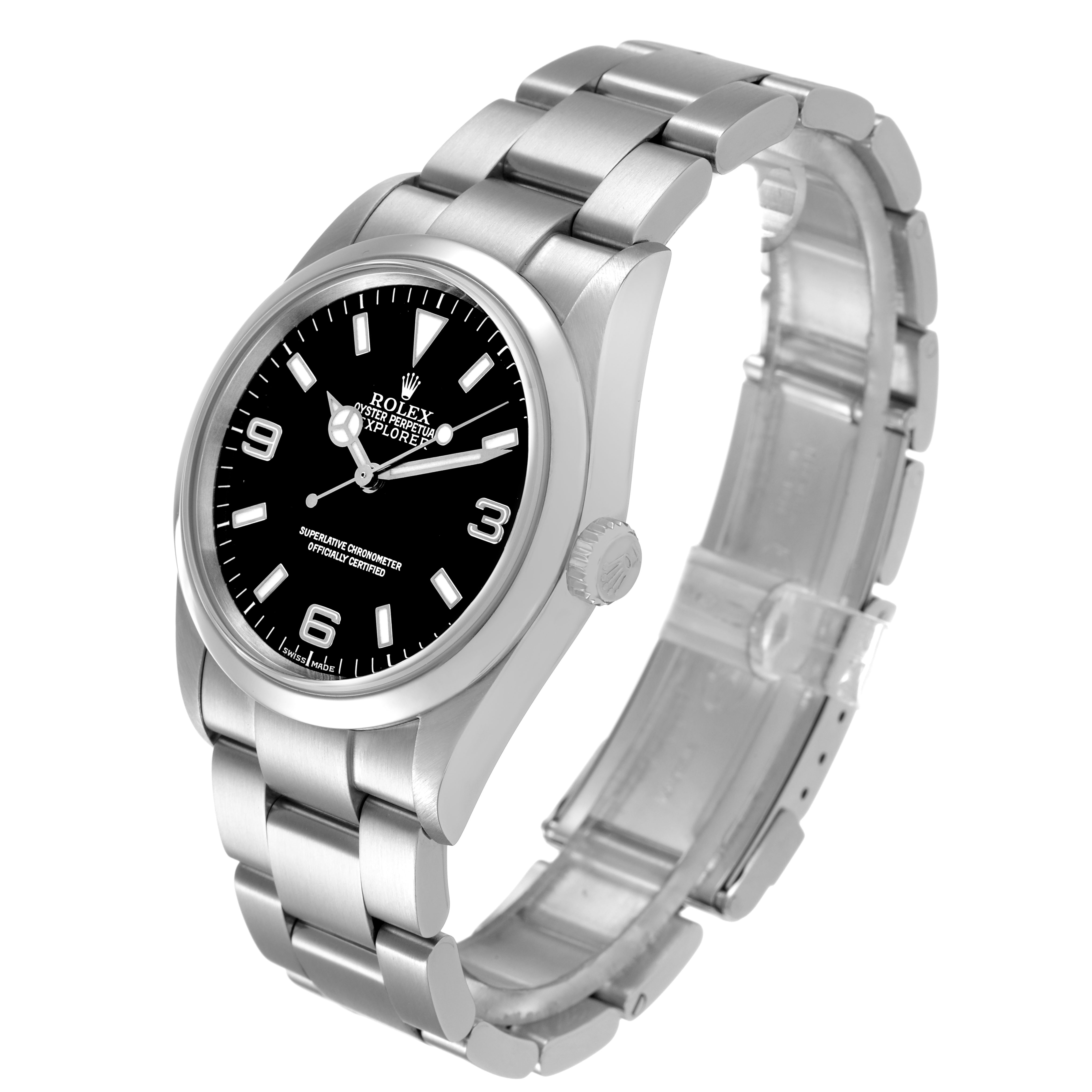 The Rolex Explorer 114270 Men's Stainless Steel Black Dial watch is shown at a three-quarter angle, displaying the face, bezel, crown, and full bracelet.