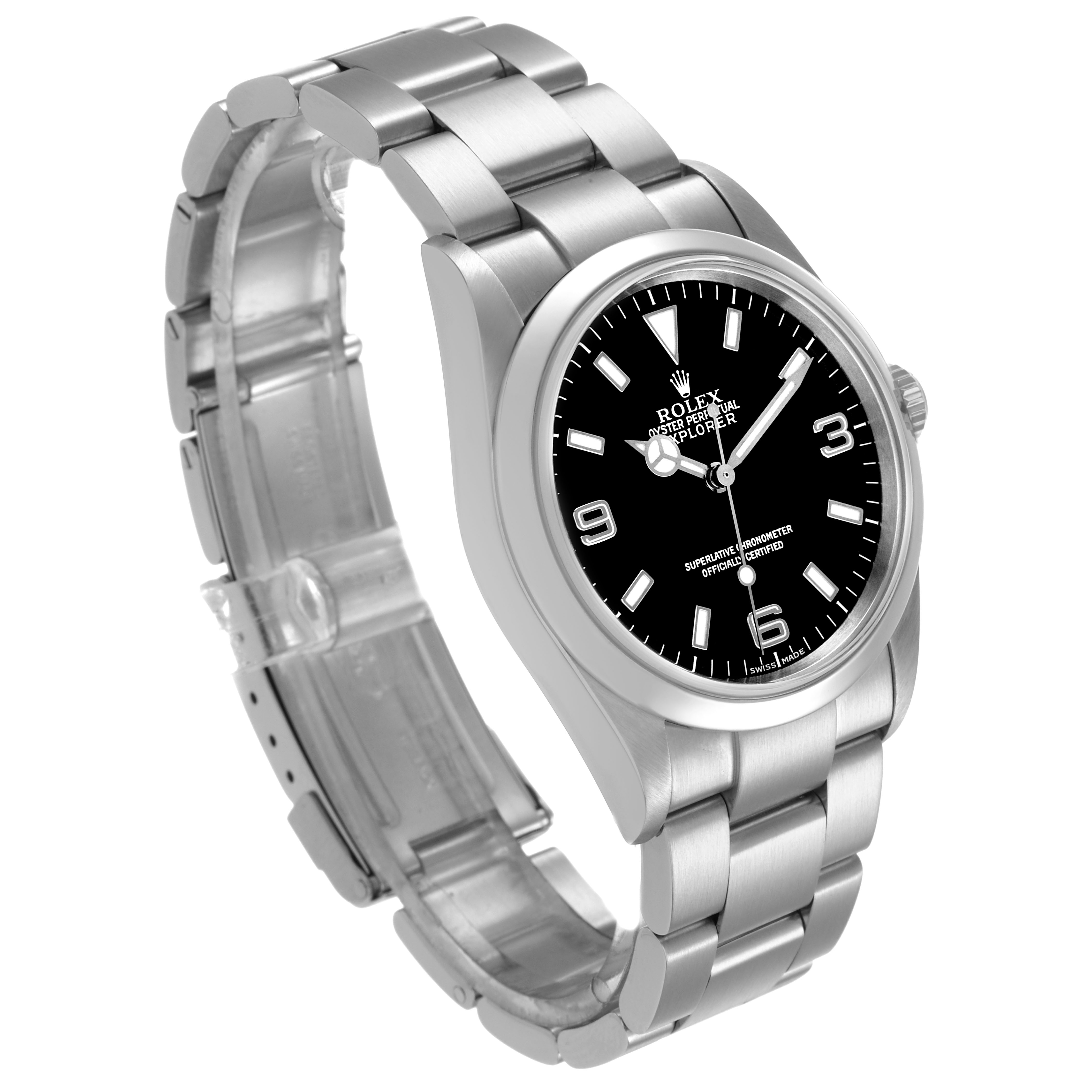 The Rolex Explorer 114270 Men's Stainless Steel Black Dial watch is shown at a three-quarter angle, highlighting the dial, bezel, and bracelet.