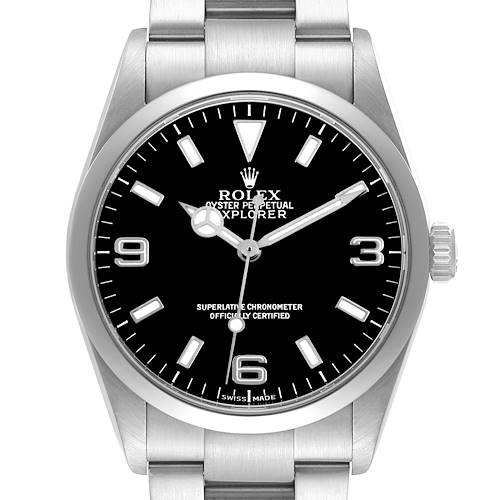 The image shows a front view of a Rolex Explorer 114270 Men's Stainless Steel Black Dial watch, highlighting the dial, bezel, crown, and part of the bracelet.