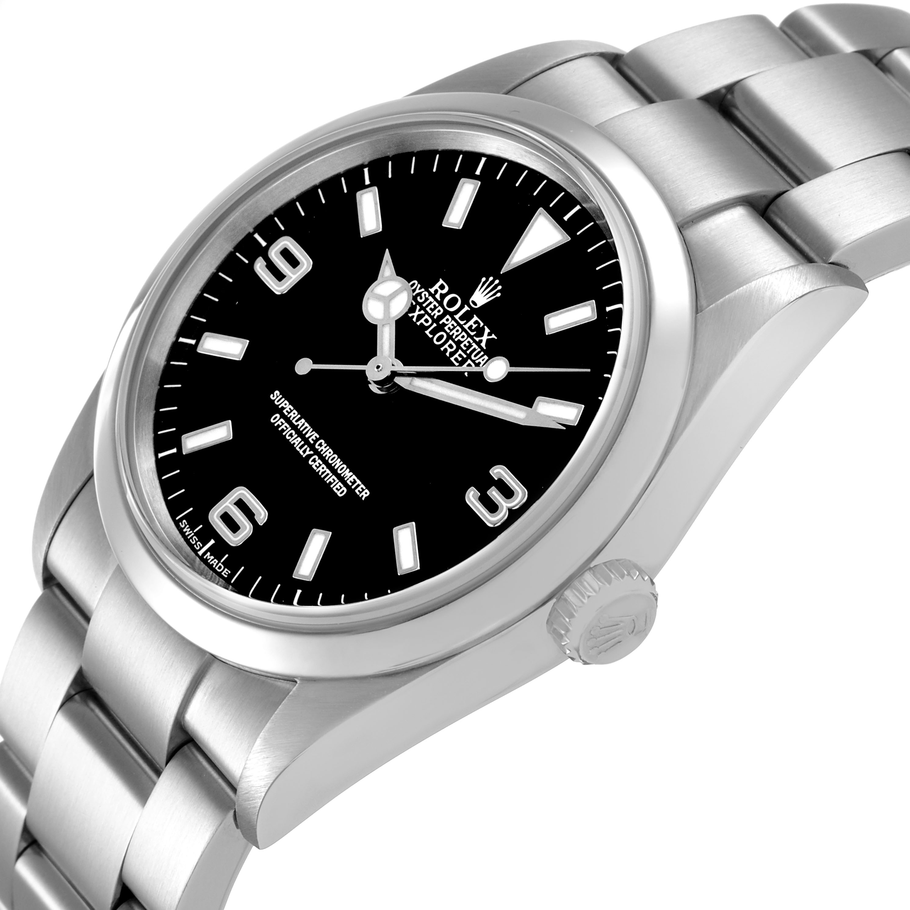 The image shows a Rolex Explorer 114270 Men's Stainless Steel Black Dial watch at a slight side angle, featuring the bezel, dial, and part of the bracelet.