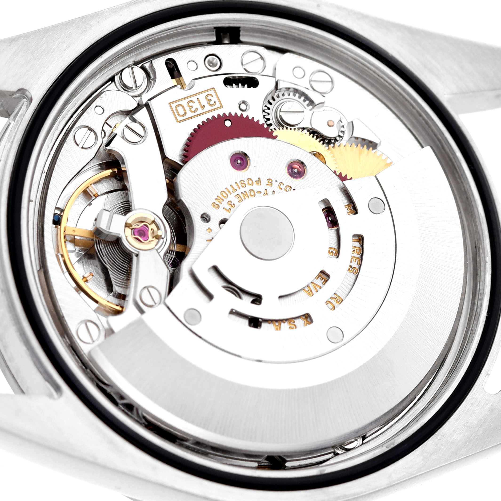 The image shows the movement of a Rolex Explorer 114270 Men's Stainless Steel Black Dial, highlighting the internal gears and rotor from the back.
