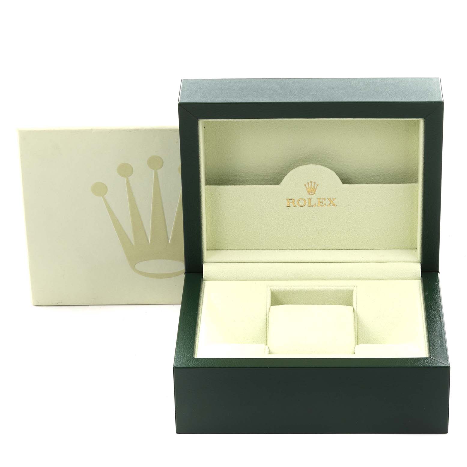 The image shows an open Rolex Explorer 214270 Men
s Stainless Steel Black Dial 214270 Men
s Stainless Steel Black Dial watch box at a front angle, featuring the logo and cushion inside.