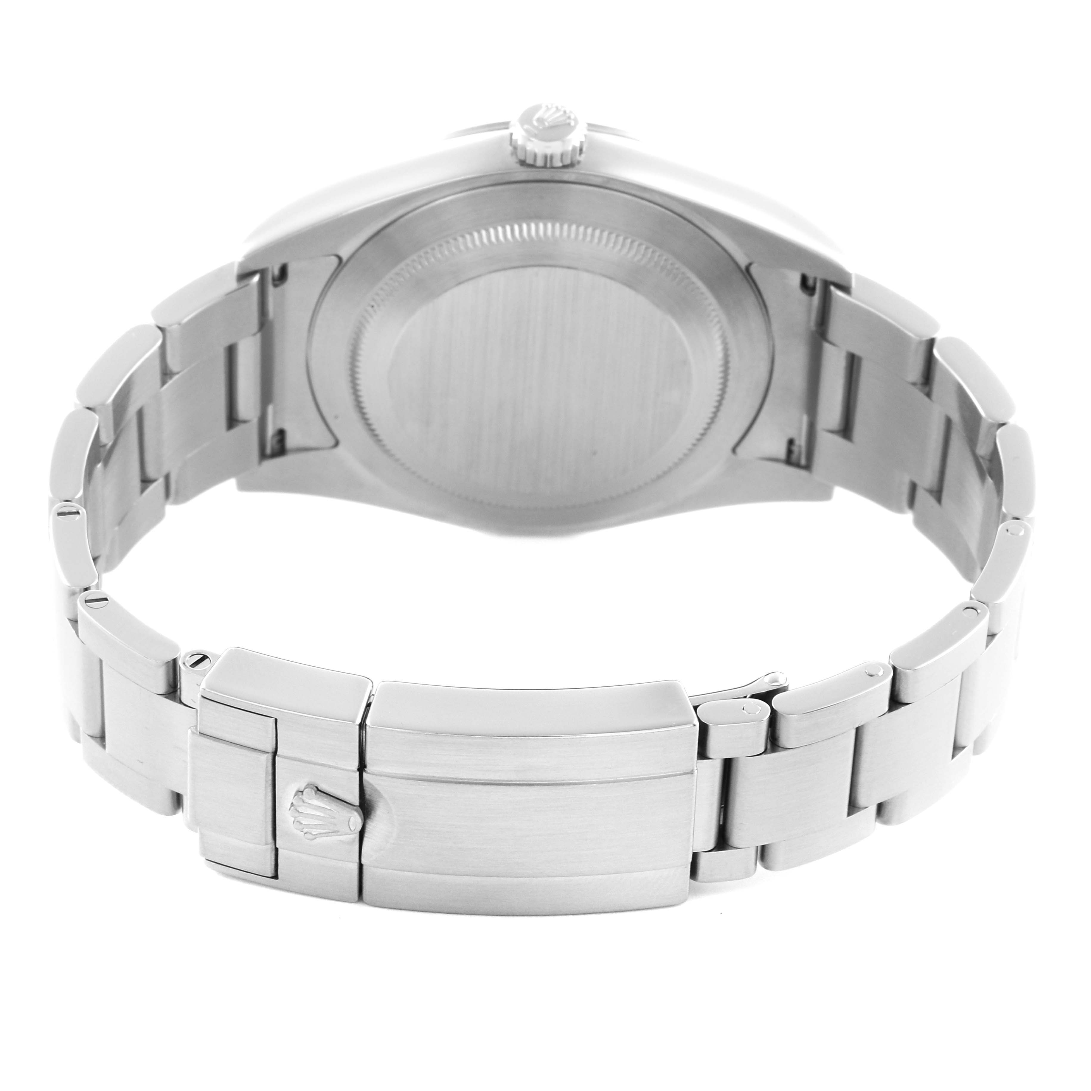 The image shows the back of a Rolex Explorer 214270 Men
s Stainless Steel Black Dial 214270 Men
s Stainless Steel Black Dial watch, highlighting the clasp and bracelet from a rear angle.