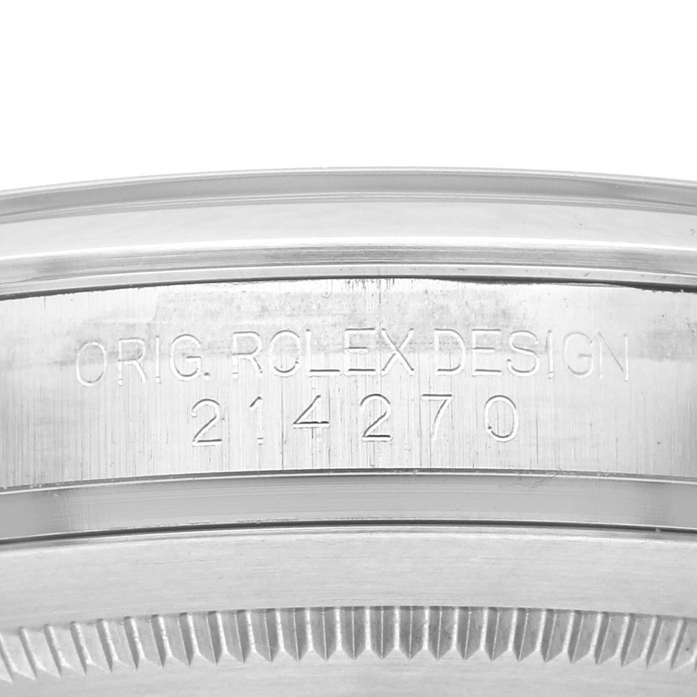 The image shows the side of the bezel with engraved text on the Rolex Explorer 214270 Men
s Stainless Steel Black Dial 214270 Men
s Stainless Steel Black Dial watch.