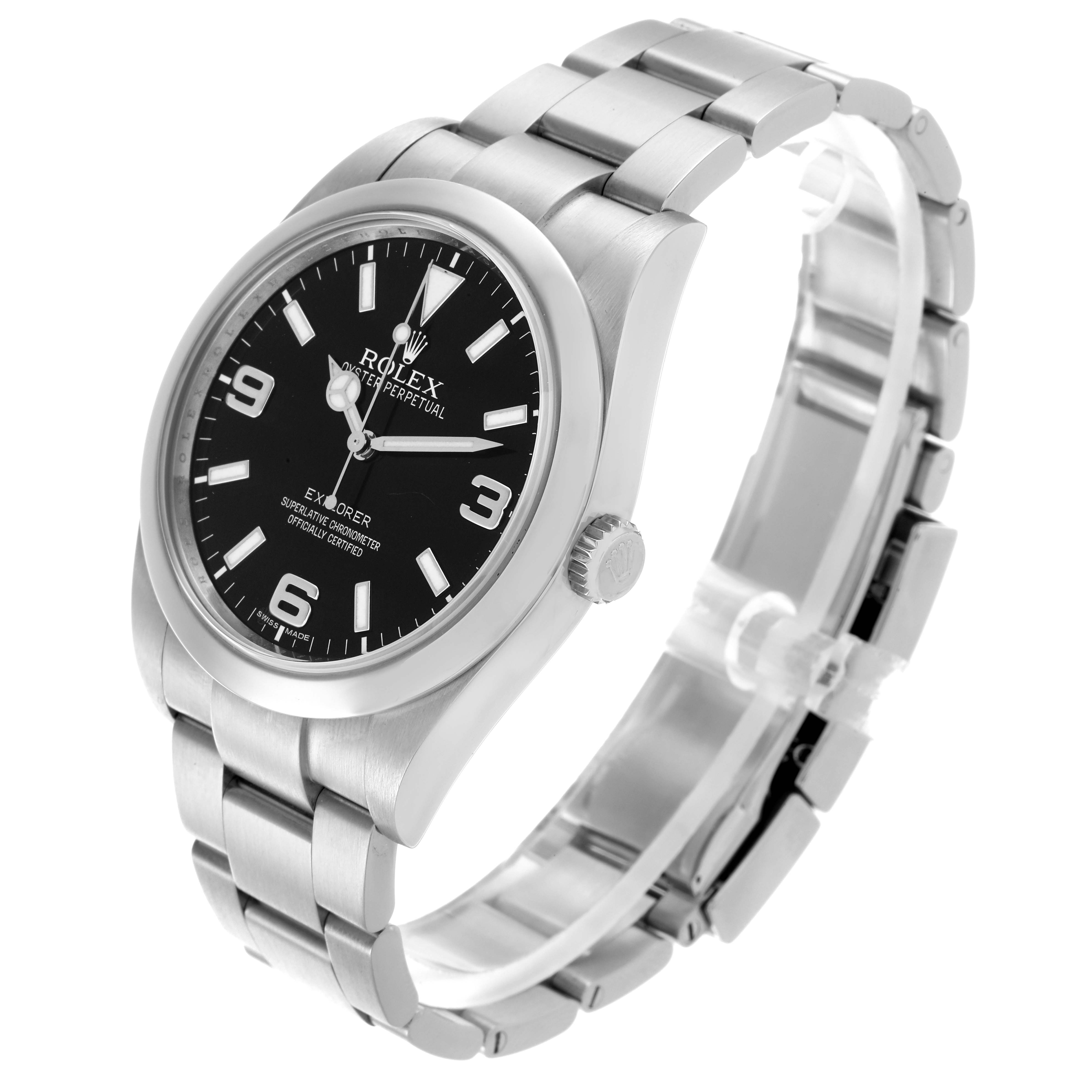 The Rolex Explorer 214270 Men
s Stainless Steel Black Dial 214270 Men
s Stainless Steel Black Dial watch is shown at a slight angle, highlighting the black dial, bezel, and metal bracelet.