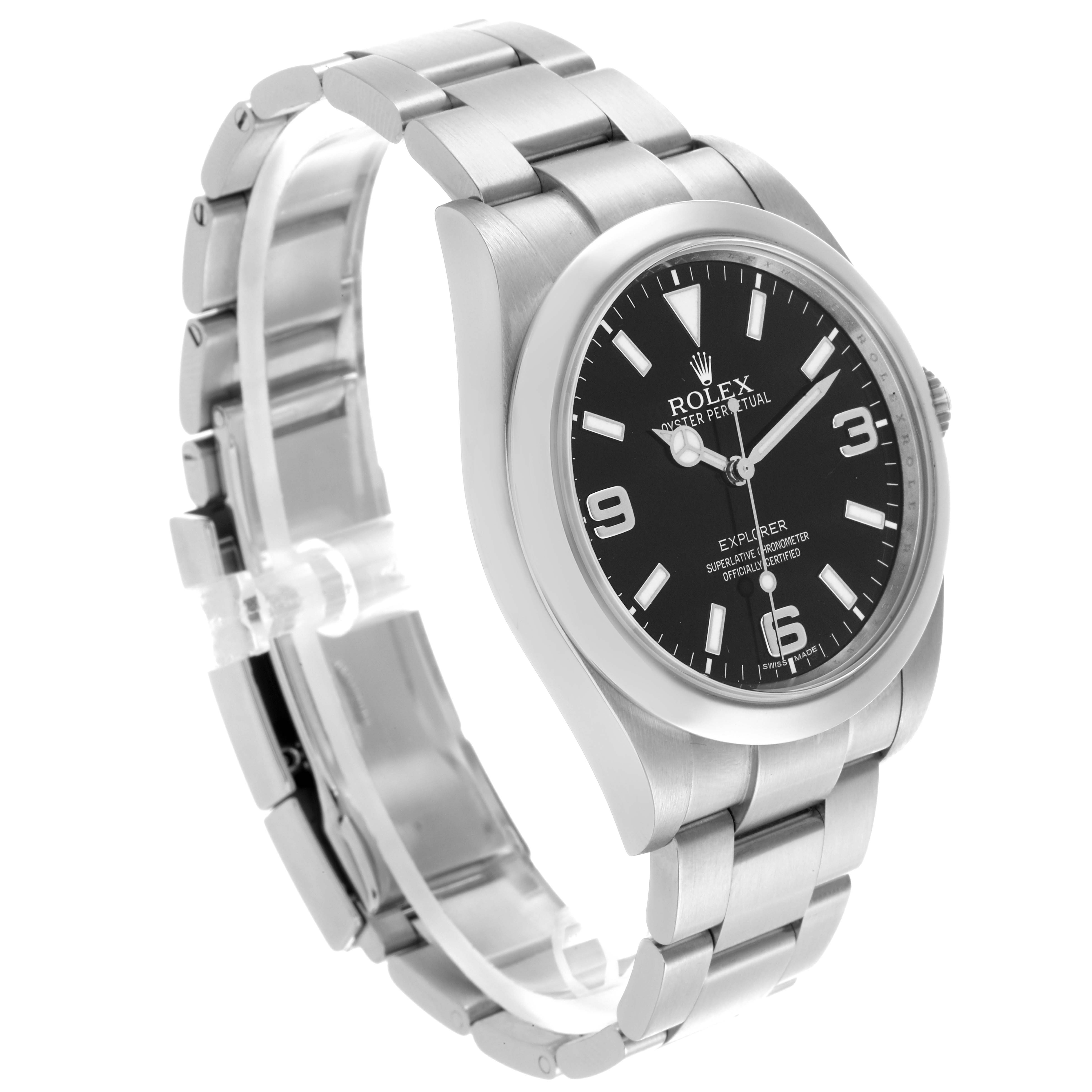 The Rolex Explorer 214270 Men
s Stainless Steel Black Dial 214270 Men
s Stainless Steel Black Dial model is shown from a front-left angle displaying the face, bezel, and bracelet.