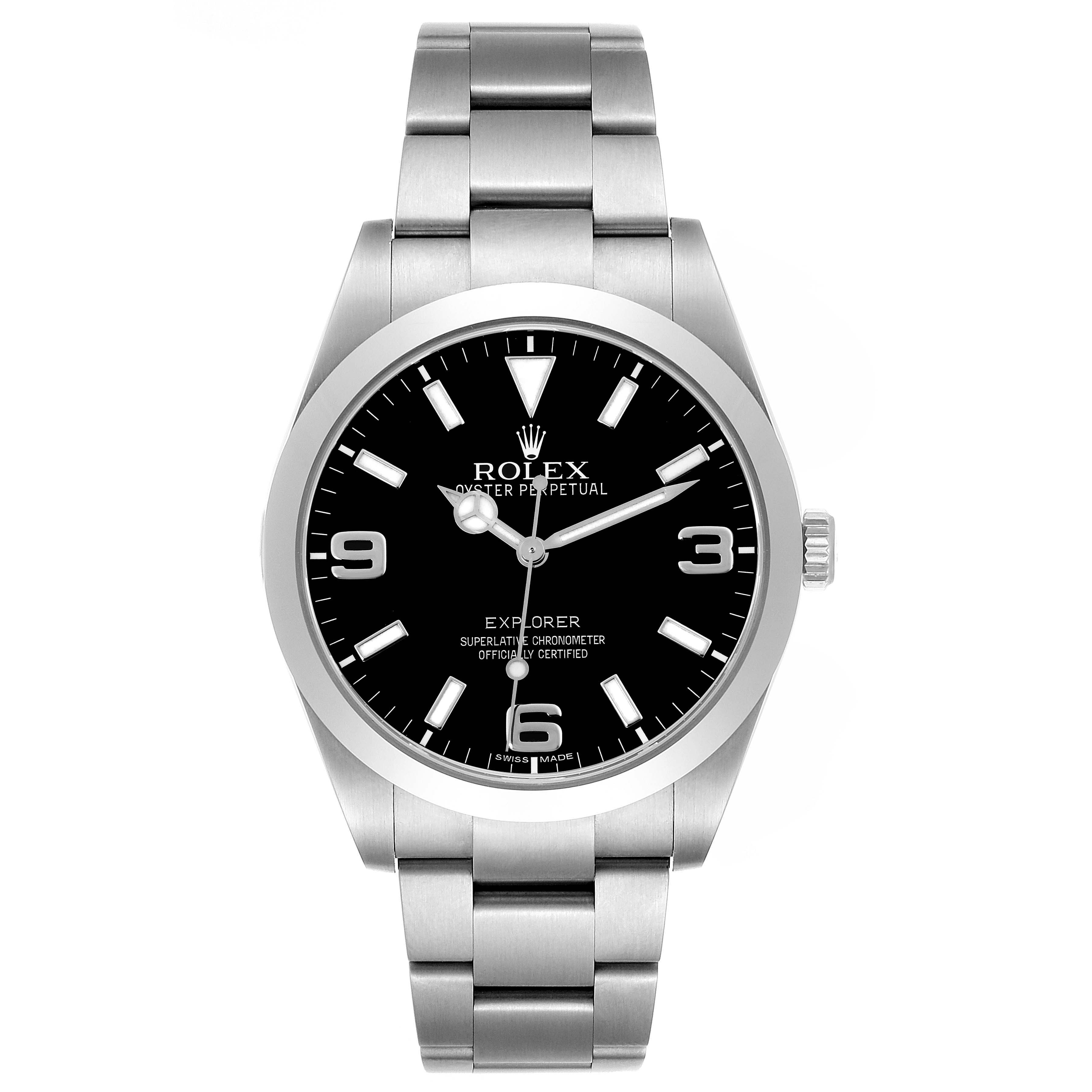 The Rolex Explorer 214270 Men
s Stainless Steel Black Dial 214270 Men
s Stainless Steel Black Dial watch is shown from the front, highlighting its black dial, numerals, and silver bracelet.