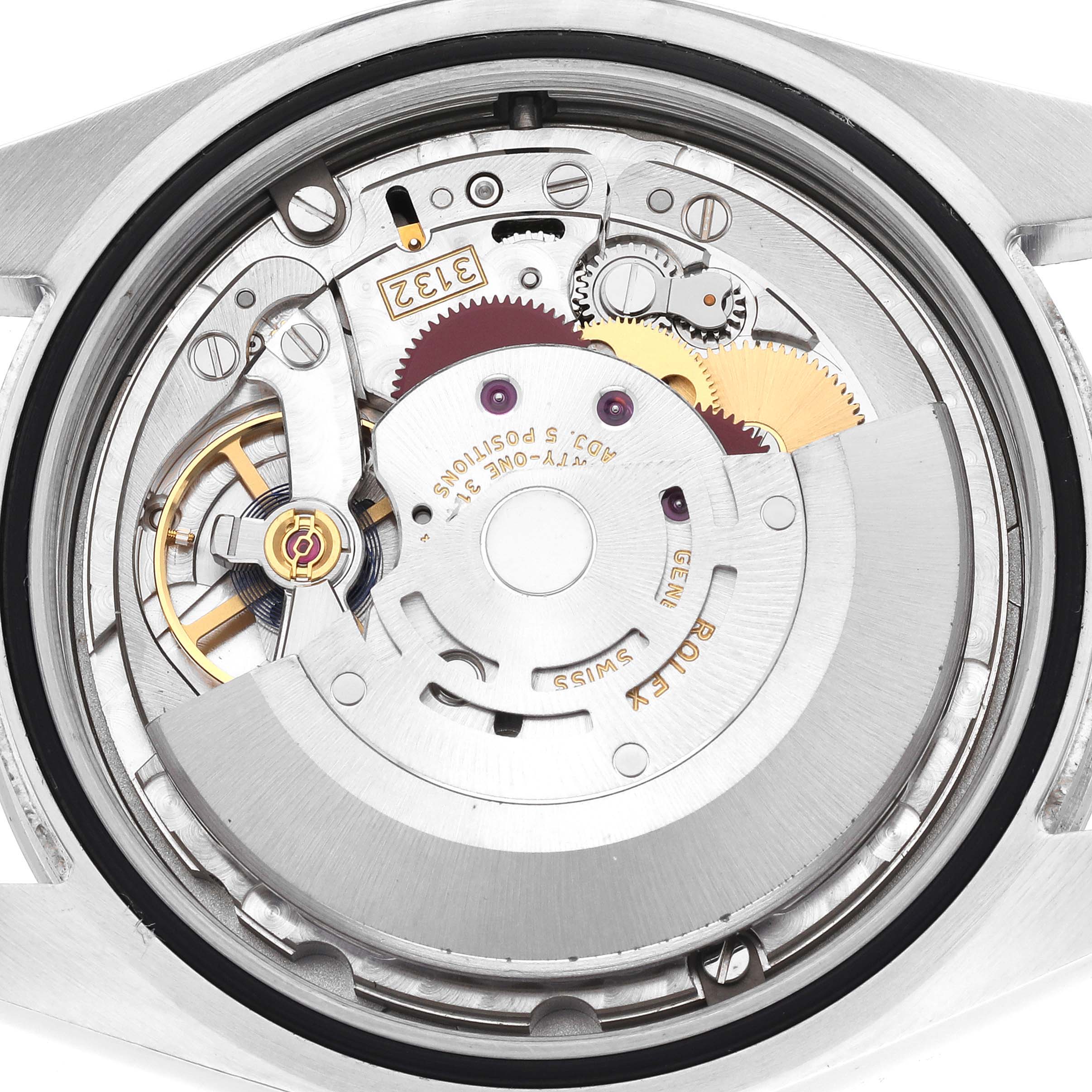 The Rolex Explorer 214270 Men
s Stainless Steel Black Dial 214270 Men
s Stainless Steel Black Dial watch is shown from the back, revealing the intricate internal movement mechanism.