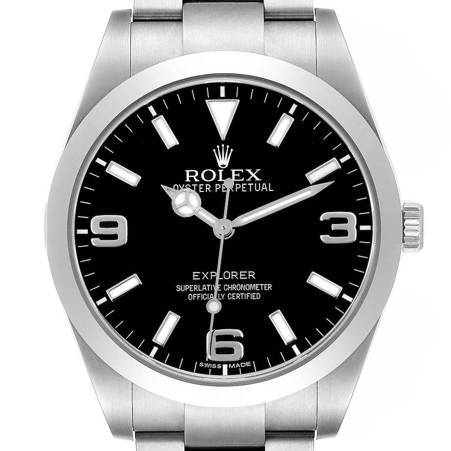 The Rolex Explorer watch is shown front-on, highlighting the dial, bezel, and part of the bracelet.