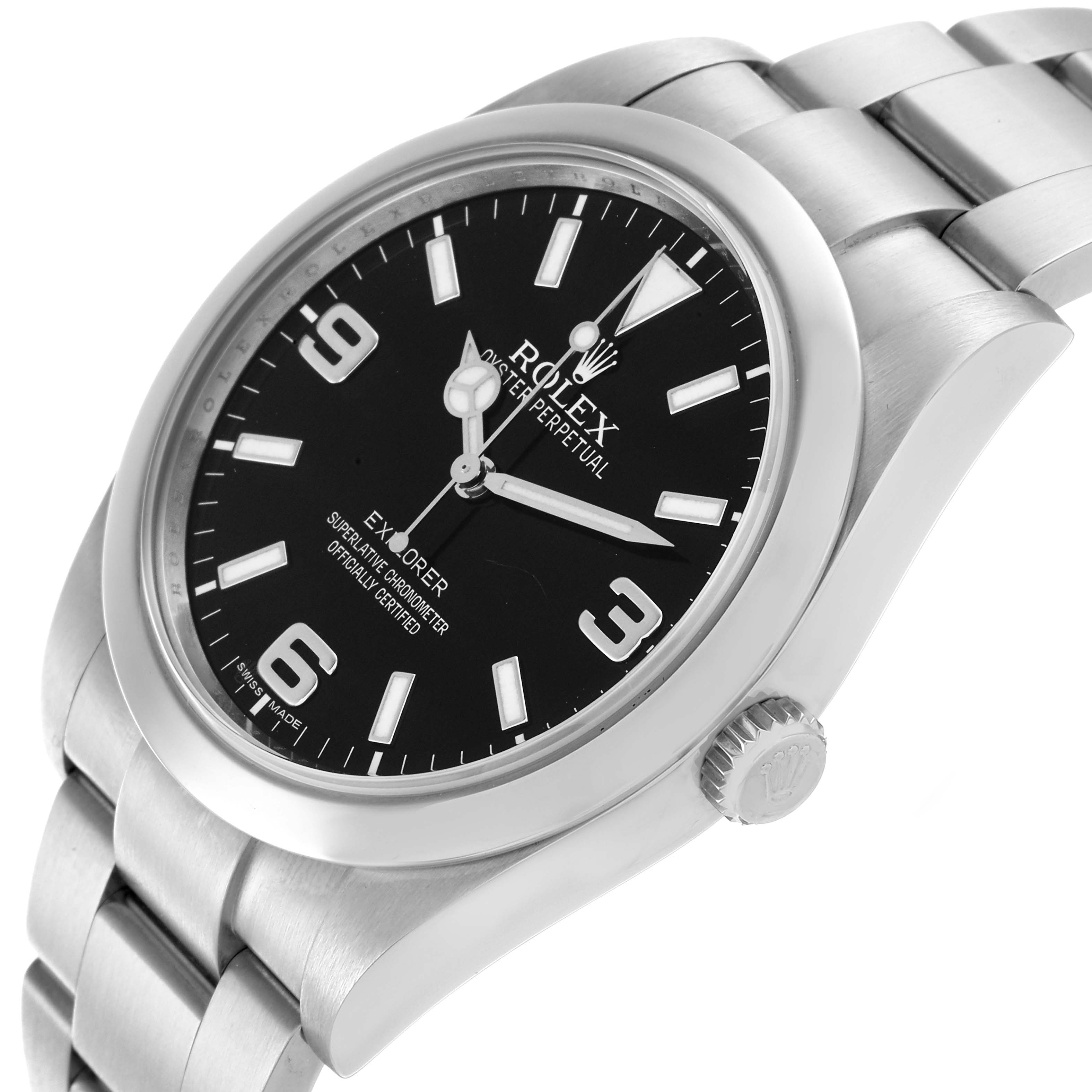 The Rolex Explorer 214270 Men
s Stainless Steel Black Dial 214270 Men
s Stainless Steel Black Dial watch is shown at a slight angle, revealing the face, crown, and part of the bracelet.