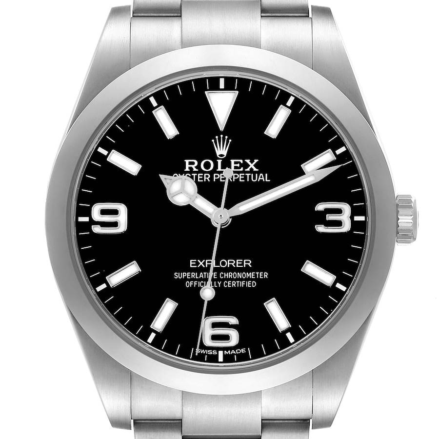 The image shows a front view of a Rolex Explorer watch, highlighting the dial, bezel, bracelet, and crown.