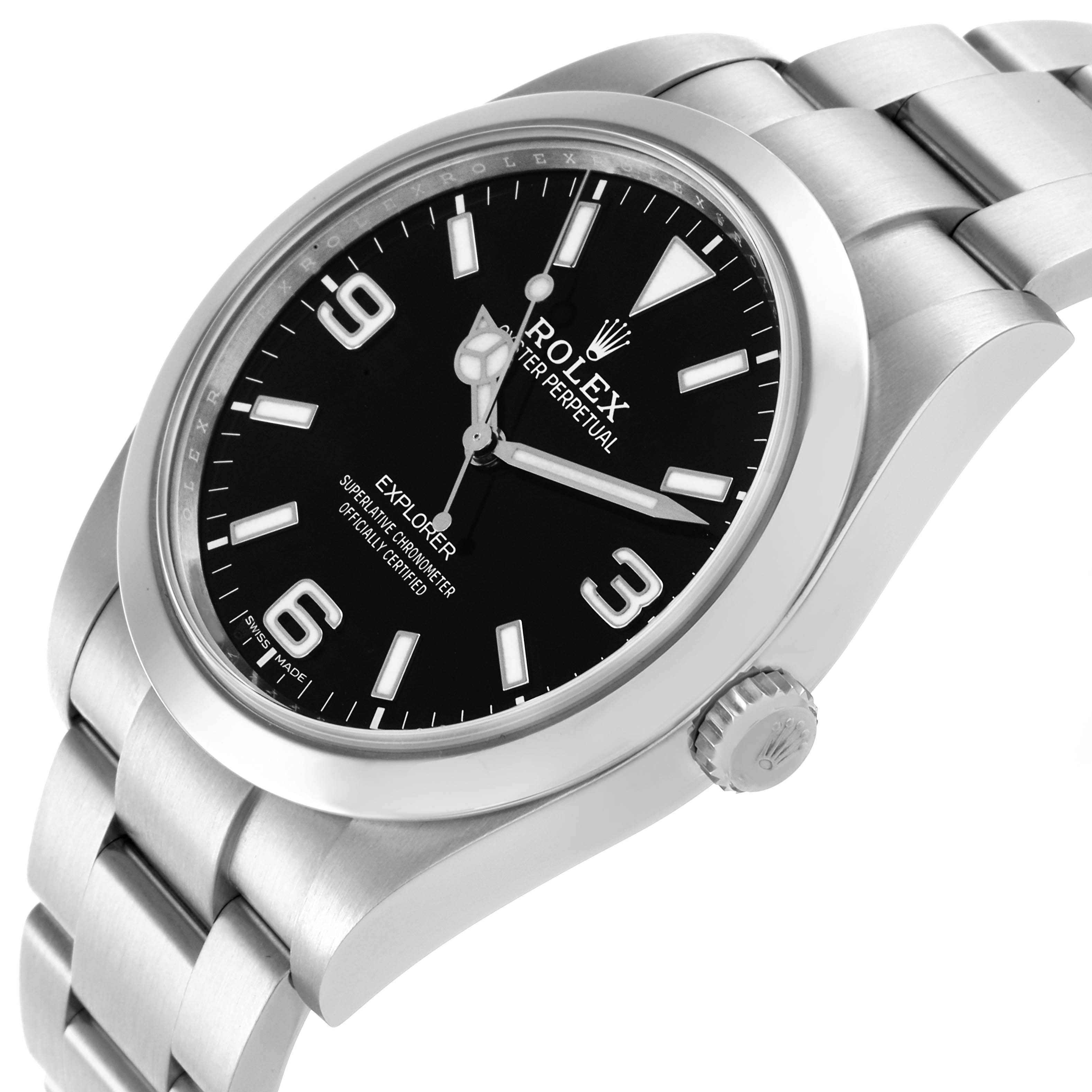 The Rolex Explorer 214270 Men
s Stainless Steel Black Dial 214270 Men
s Stainless Steel Black Dial watch is shown at a slight angle, displaying the dial, bezel, crown, and part of the bracelet.