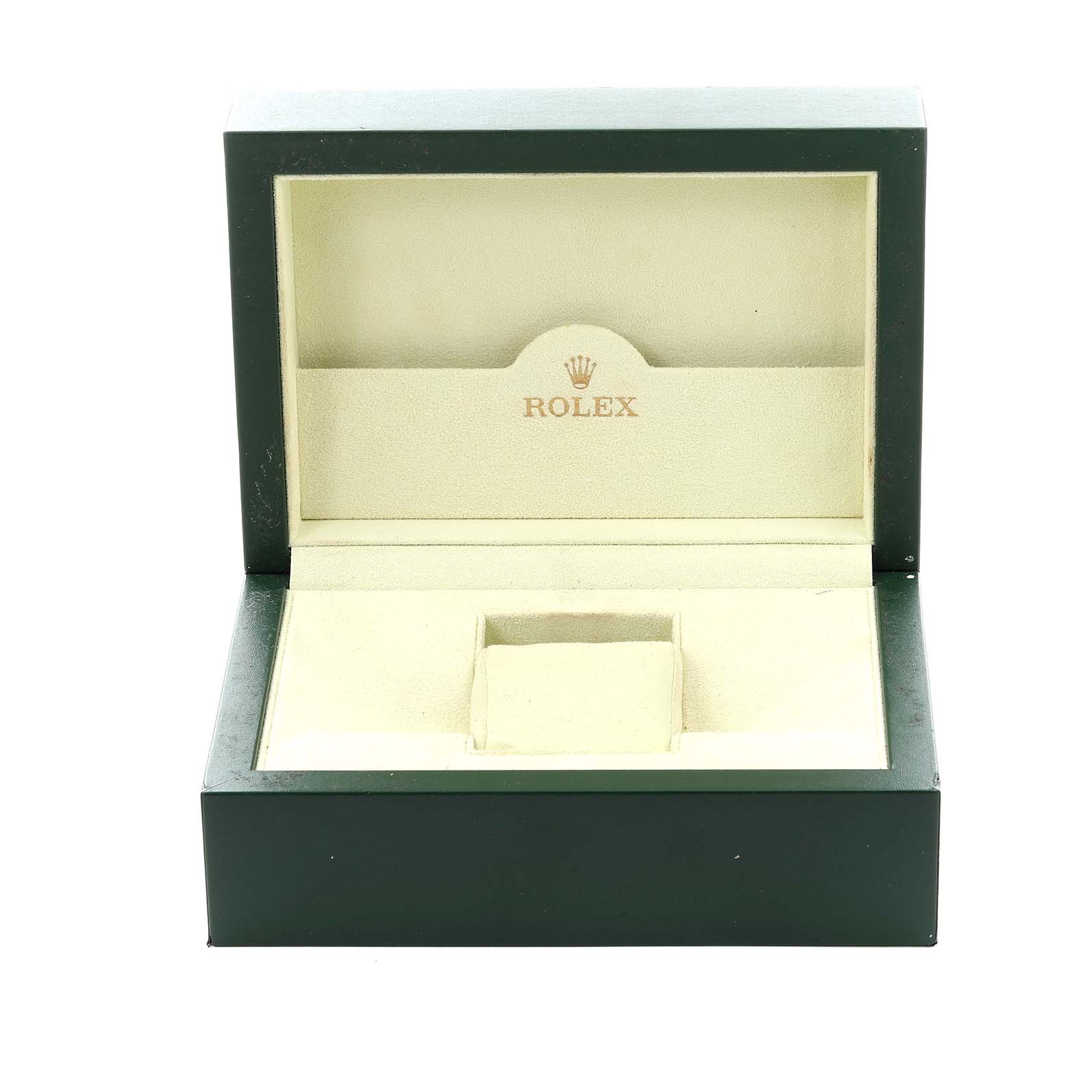 The image shows an open box for a Rolex Explorer 214270 Men
s Stainless Steel Black Dial 214270 Men
s Stainless Steel Black Dial watch.