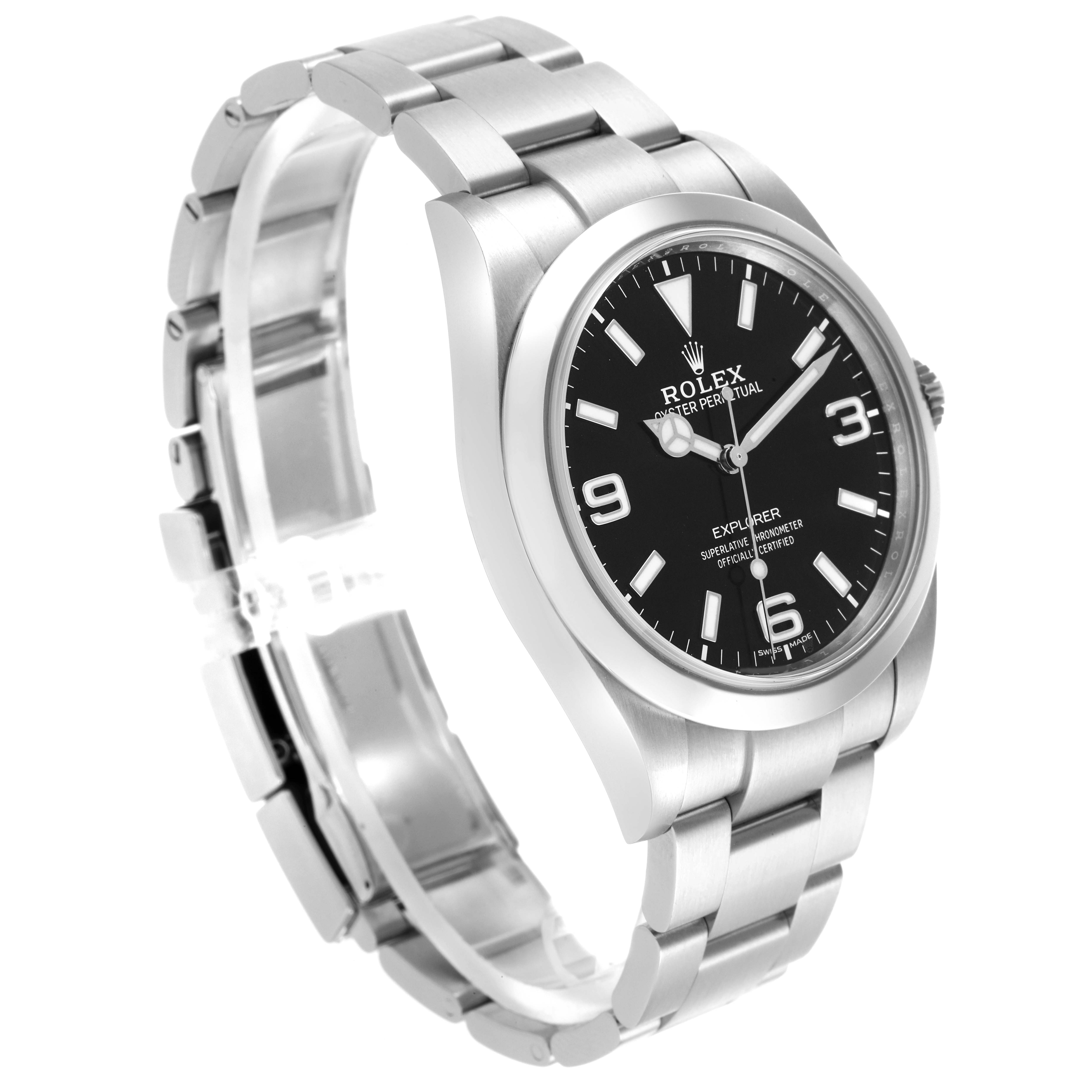 The Rolex Explorer 214270 Men
s Stainless Steel Black Dial 214270 Men
s Stainless Steel Black Dial is shown at an oblique angle, highlighting the dial, bezel, bracelet, and clasp.