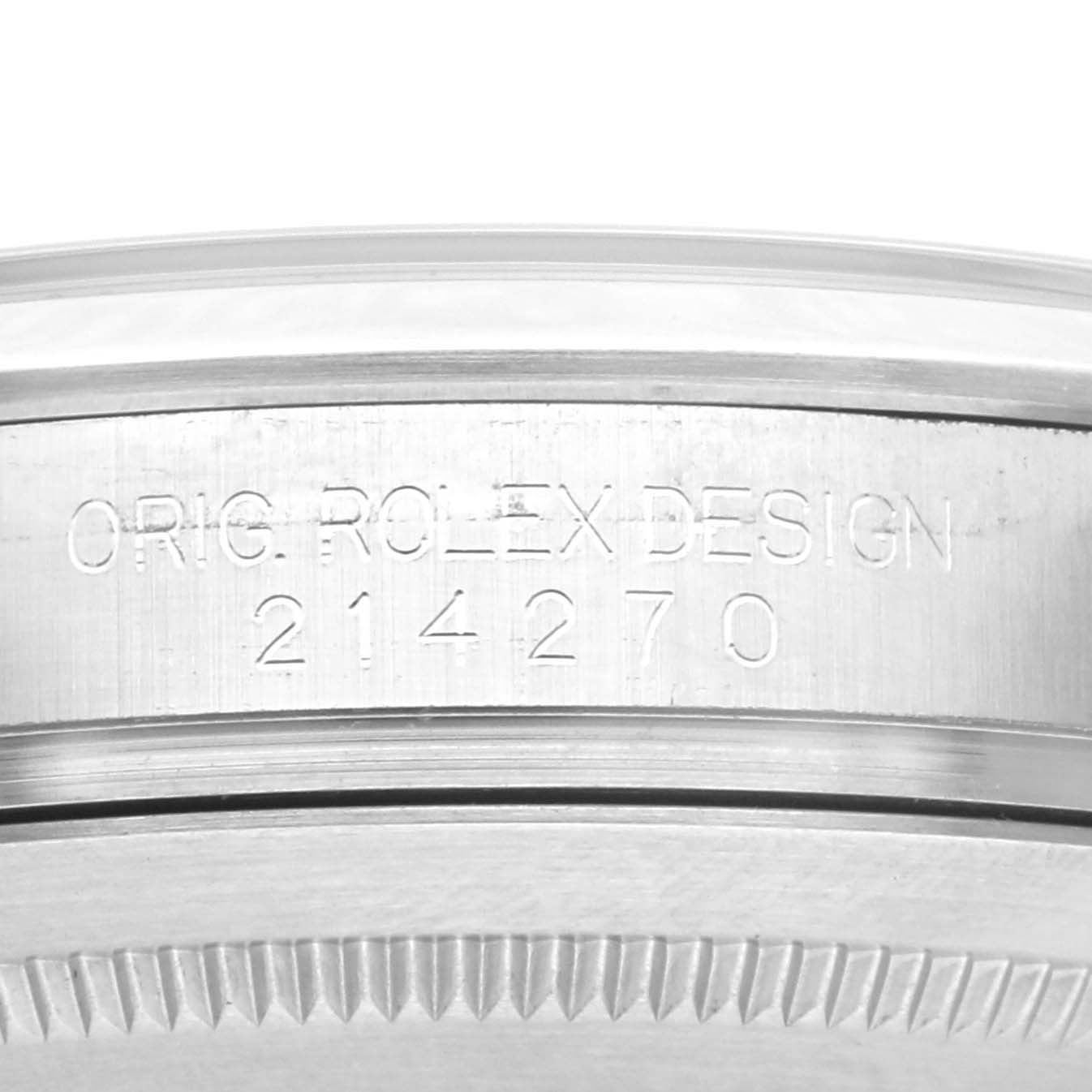 The image shows the side edge of the Rolex Explorer 214270 Men
s Stainless Steel Black Dial 214270 Men
s Stainless Steel Black Dial watch, highlighting the engraved model number "214270".