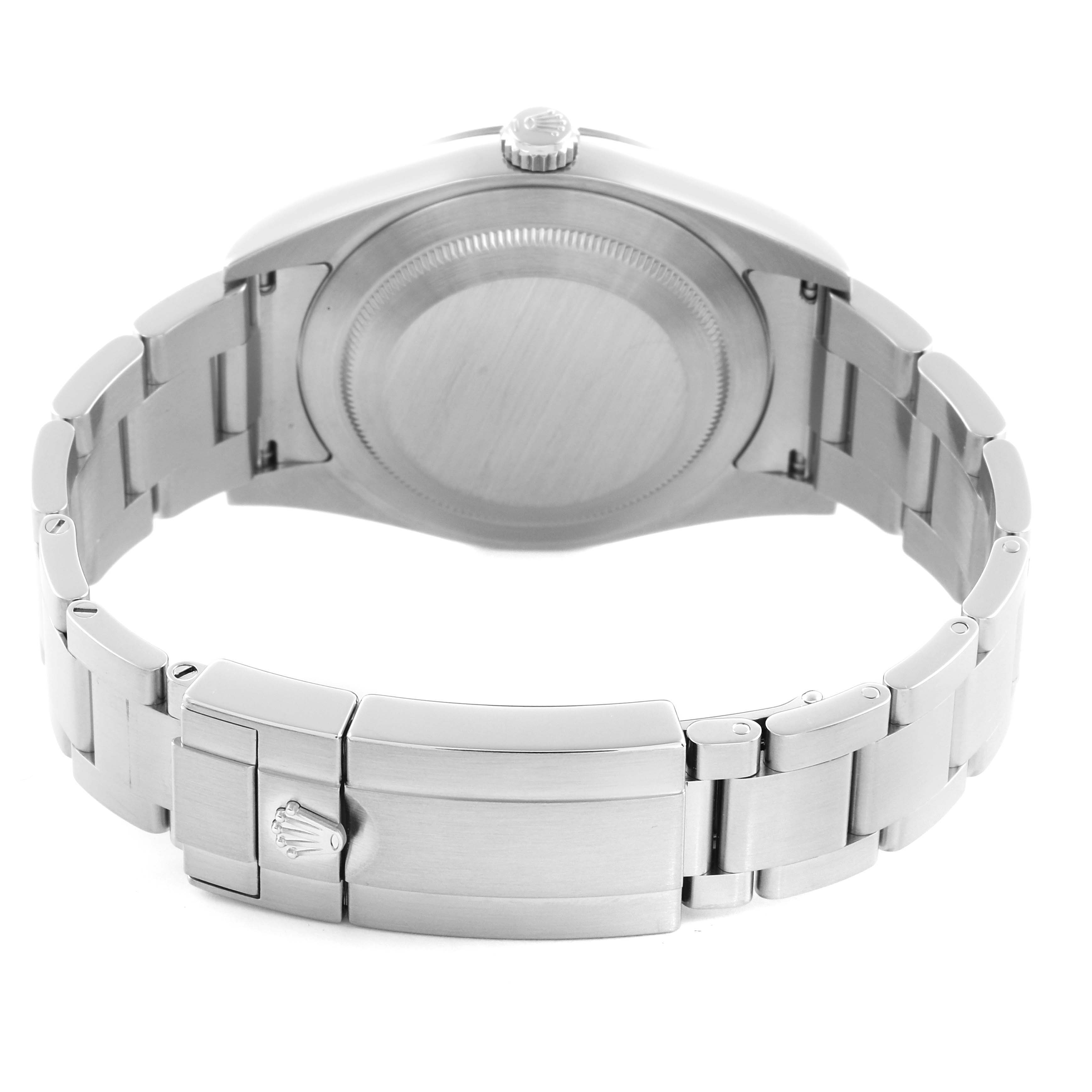 The image shows the back view of the Rolex Explorer 214270 Men
s Stainless Steel Black Dial 214270 Men
s Stainless Steel Black Dial, featuring the case back and bracelet with clasp.