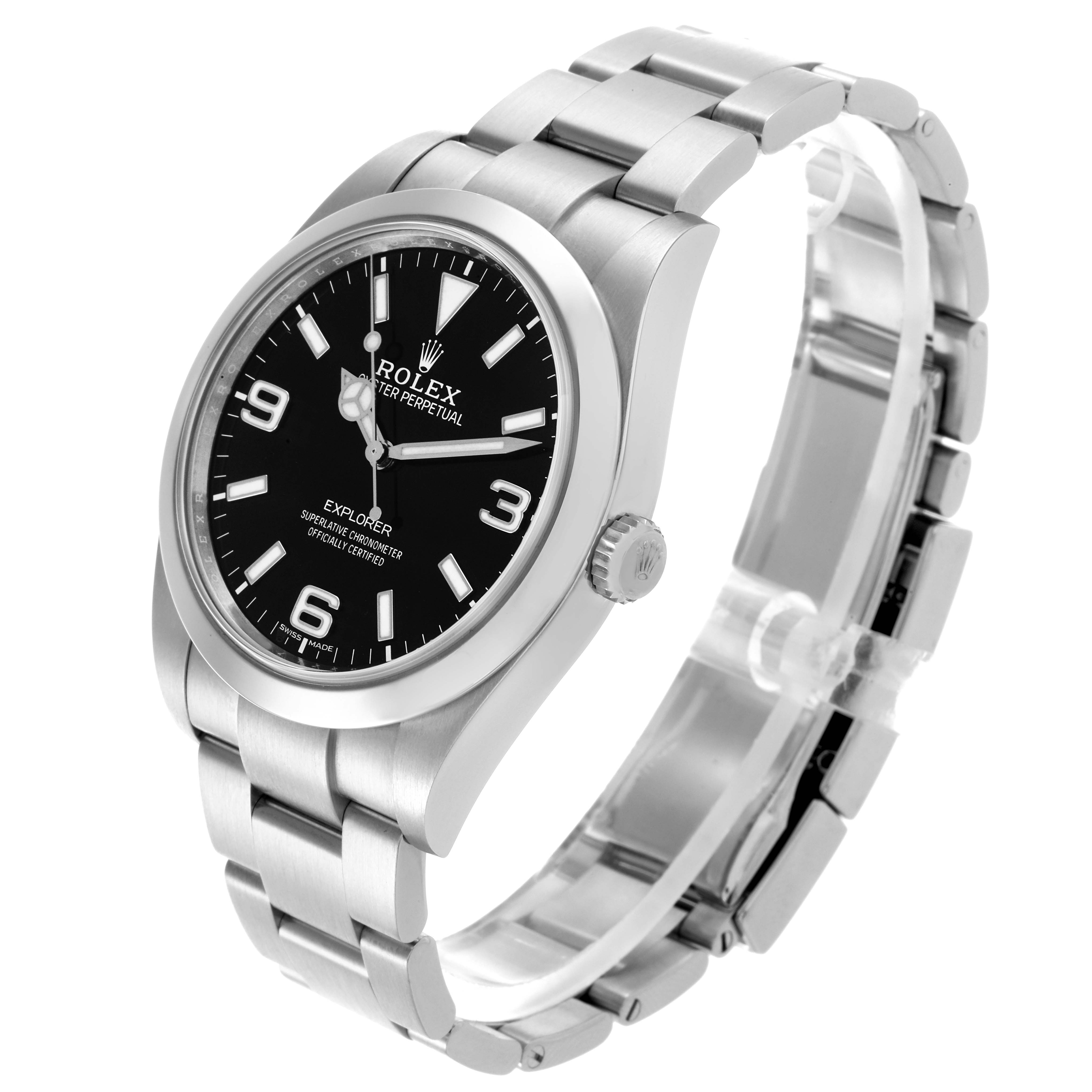 The Rolex Explorer 214270 Men
s Stainless Steel Black Dial 214270 Men
s Stainless Steel Black Dial watch is shown from a three-quarter angle, displaying the face, bezel, crown, and bracelet.