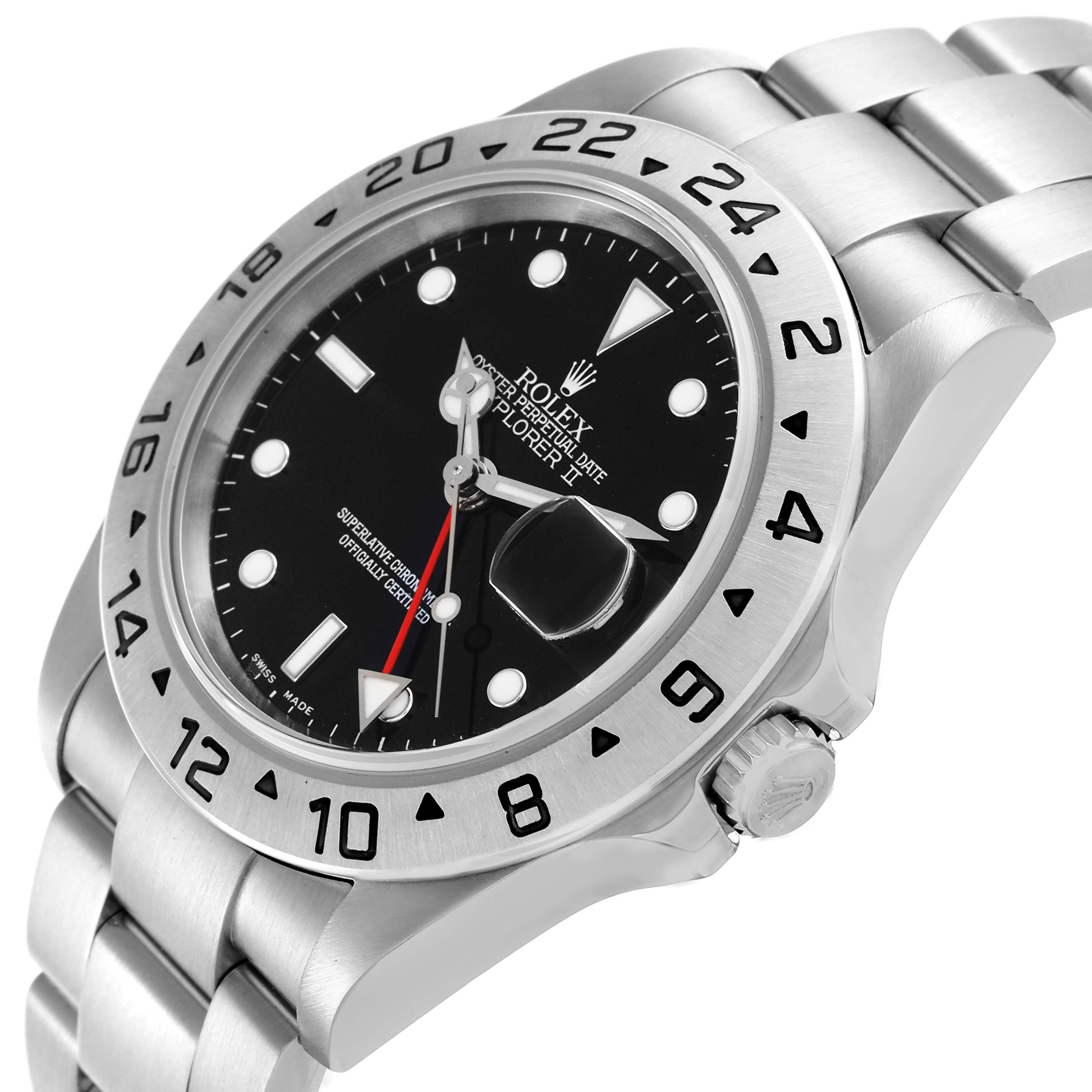 The Rolex Explorer 16570 Men's Stainless Steel Black Dial 16570 Men's Stainless Steel Black Dial model is shown at an angle highlighting the face, bezel, crown, and part of the bracelet.