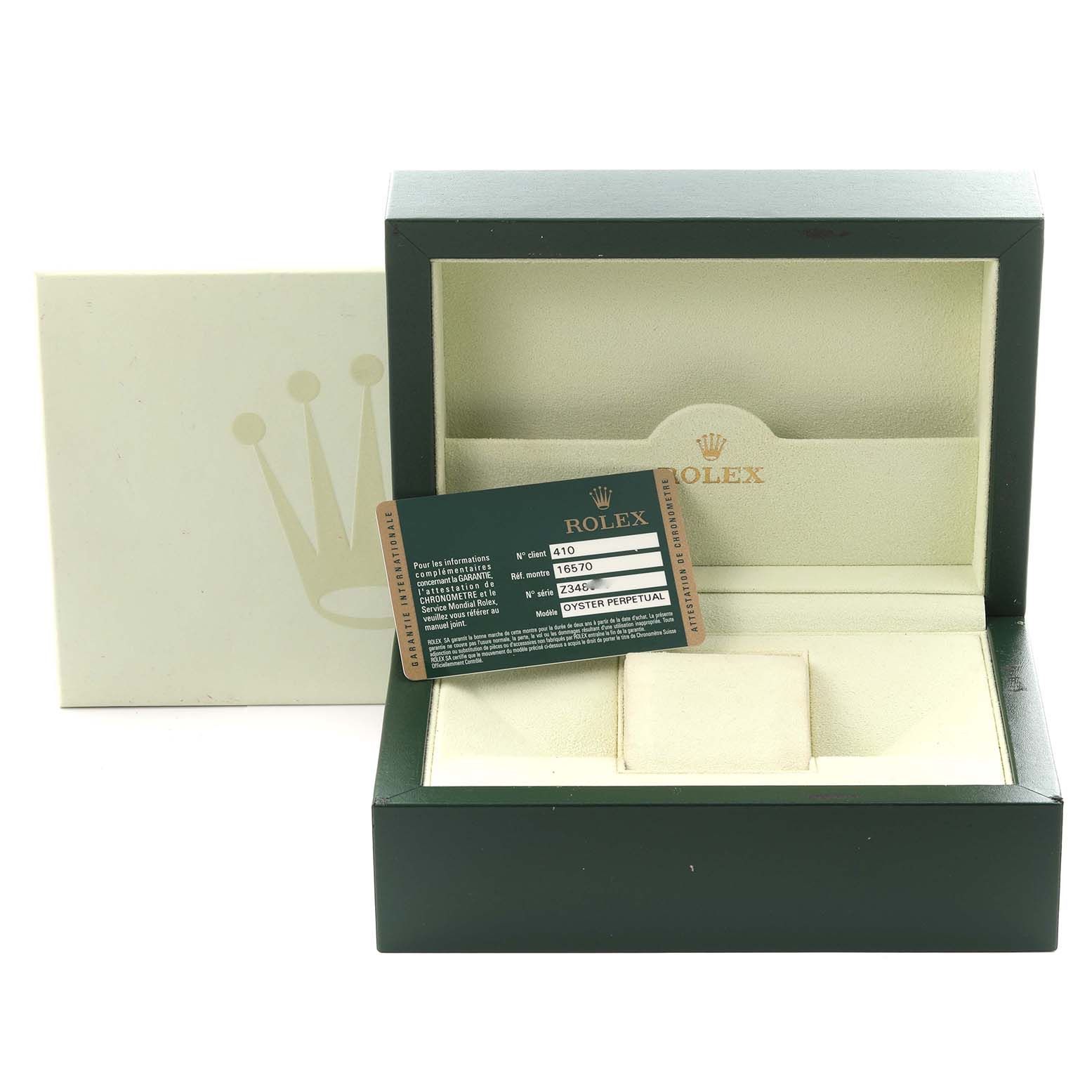 The image shows a Rolex Explorer 16570 Men's Stainless Steel Black Dial 16570 Men's Stainless Steel Black Dial box set with a guarantee card, positioned at a slight angle.