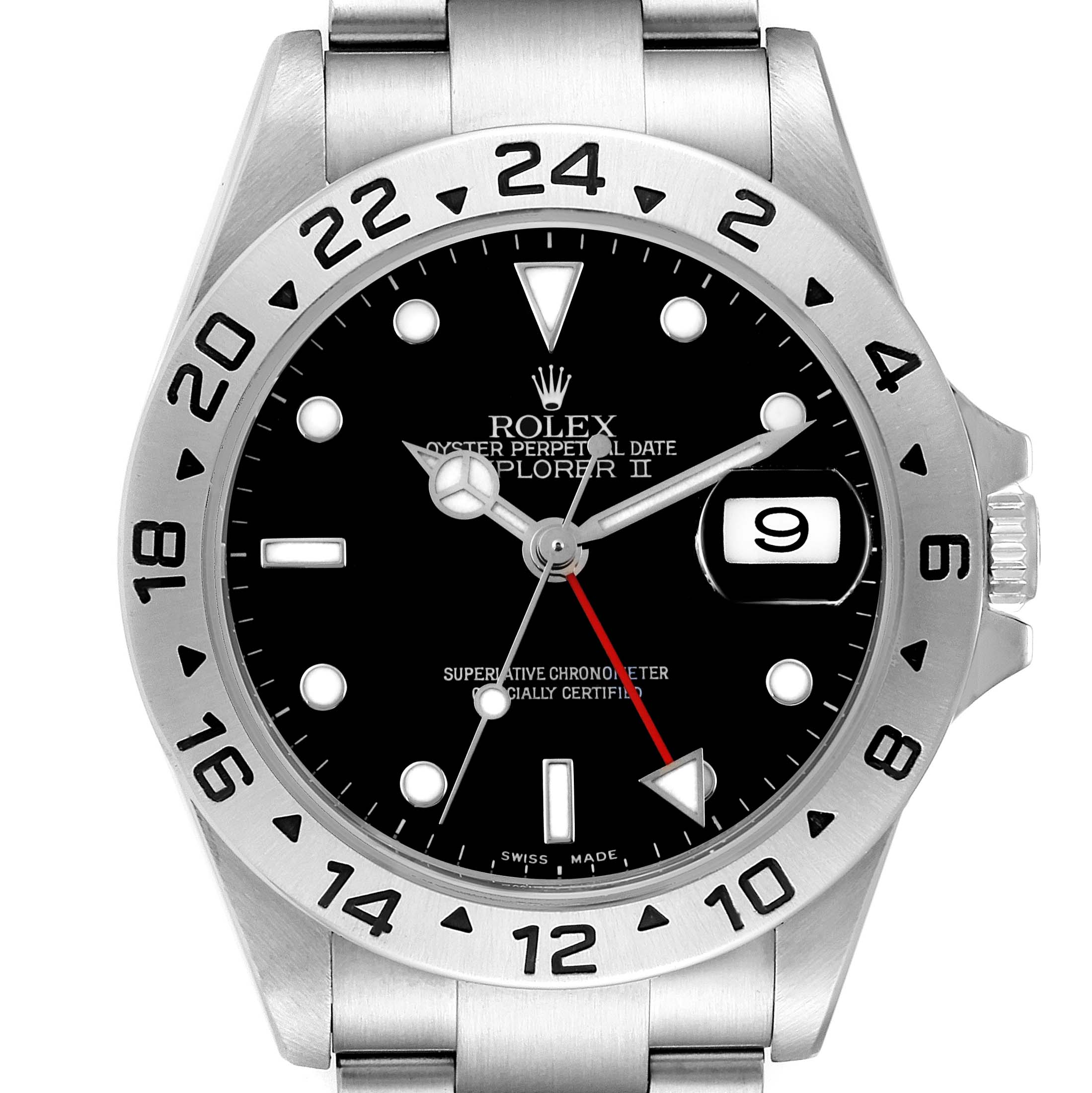 The Rolex Explorer 16570 Men's Stainless Steel Black Dial 16570 Men's Stainless Steel Black Dial watch is shown from a front angle, highlighting the face, bezel, hands, and date window.