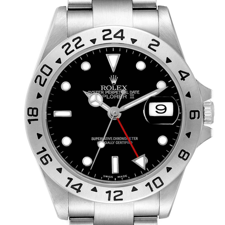 The Rolex Explorer II watch is shown from a front angle, highlighting the face, bezel, hands, and date window.