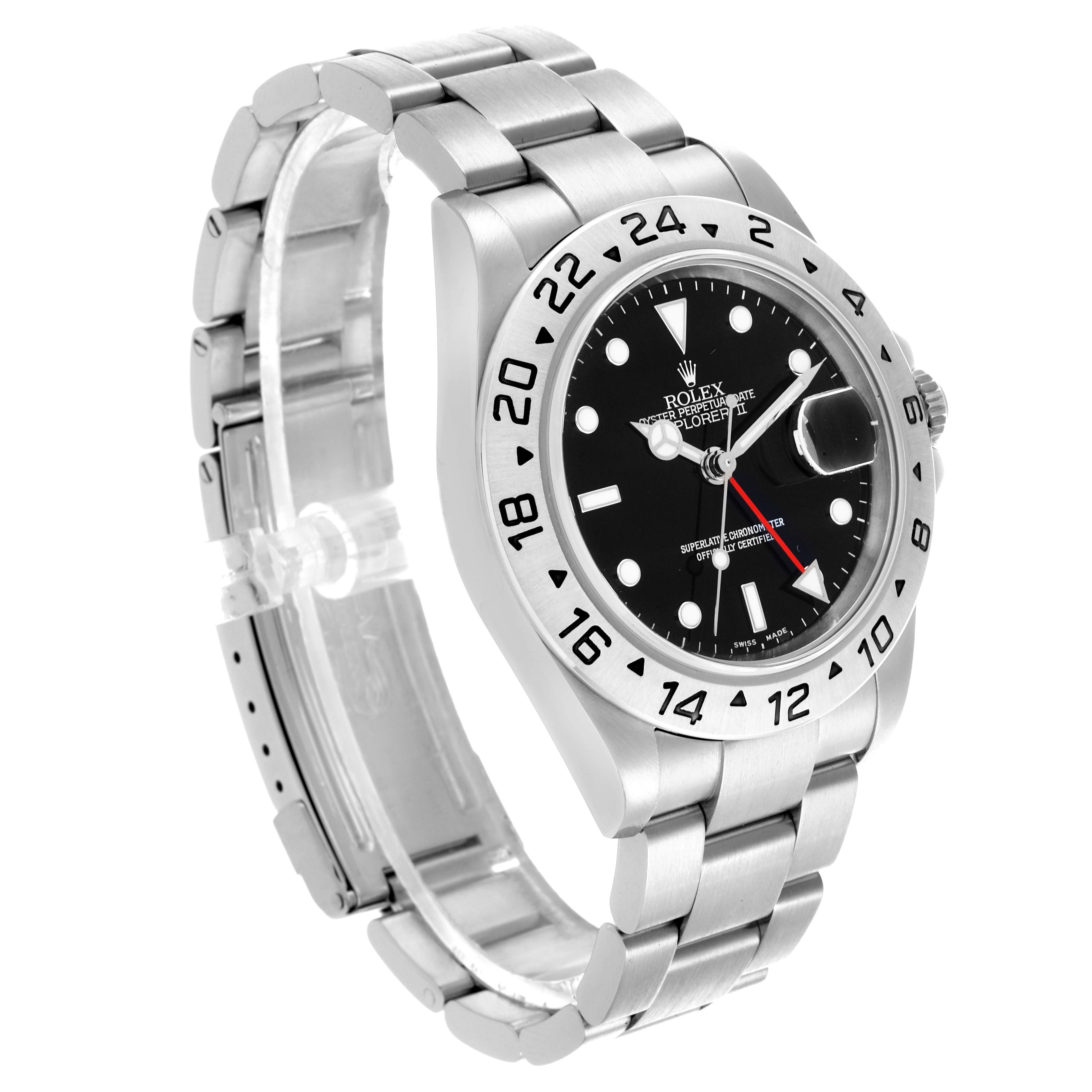 The Rolex Explorer 16570 Men's Stainless Steel Black Dial 16570 Men's Stainless Steel Black Dial watch is shown at a three-quarter angle, displaying the bracelet, bezel with 24-hour markers, and black dial.
