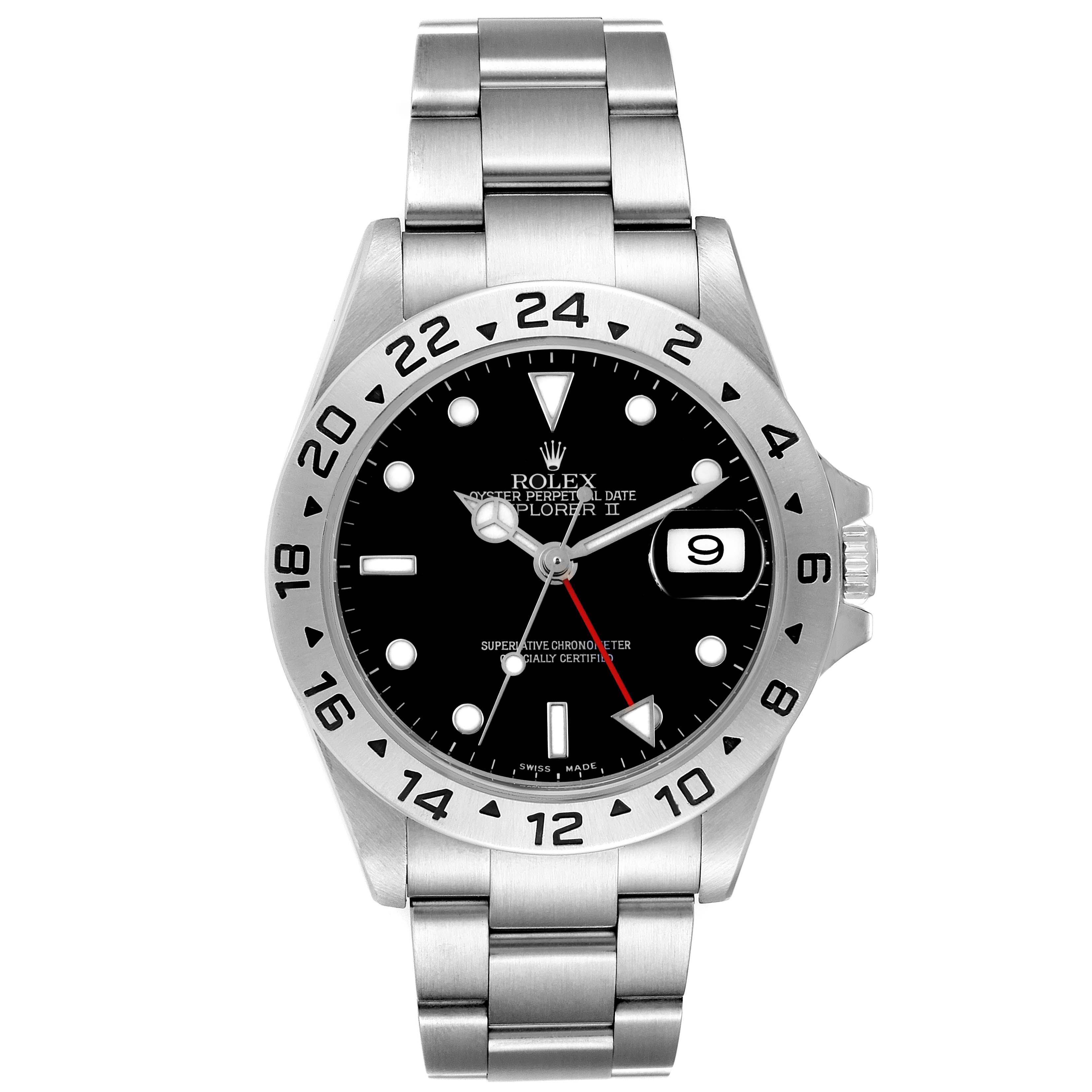 The Rolex Explorer 16570 Men's Stainless Steel Black Dial 16570 Men's Stainless Steel Black Dial model is shown from the front, displaying its dial, bezel, case, crown, and bracelet.