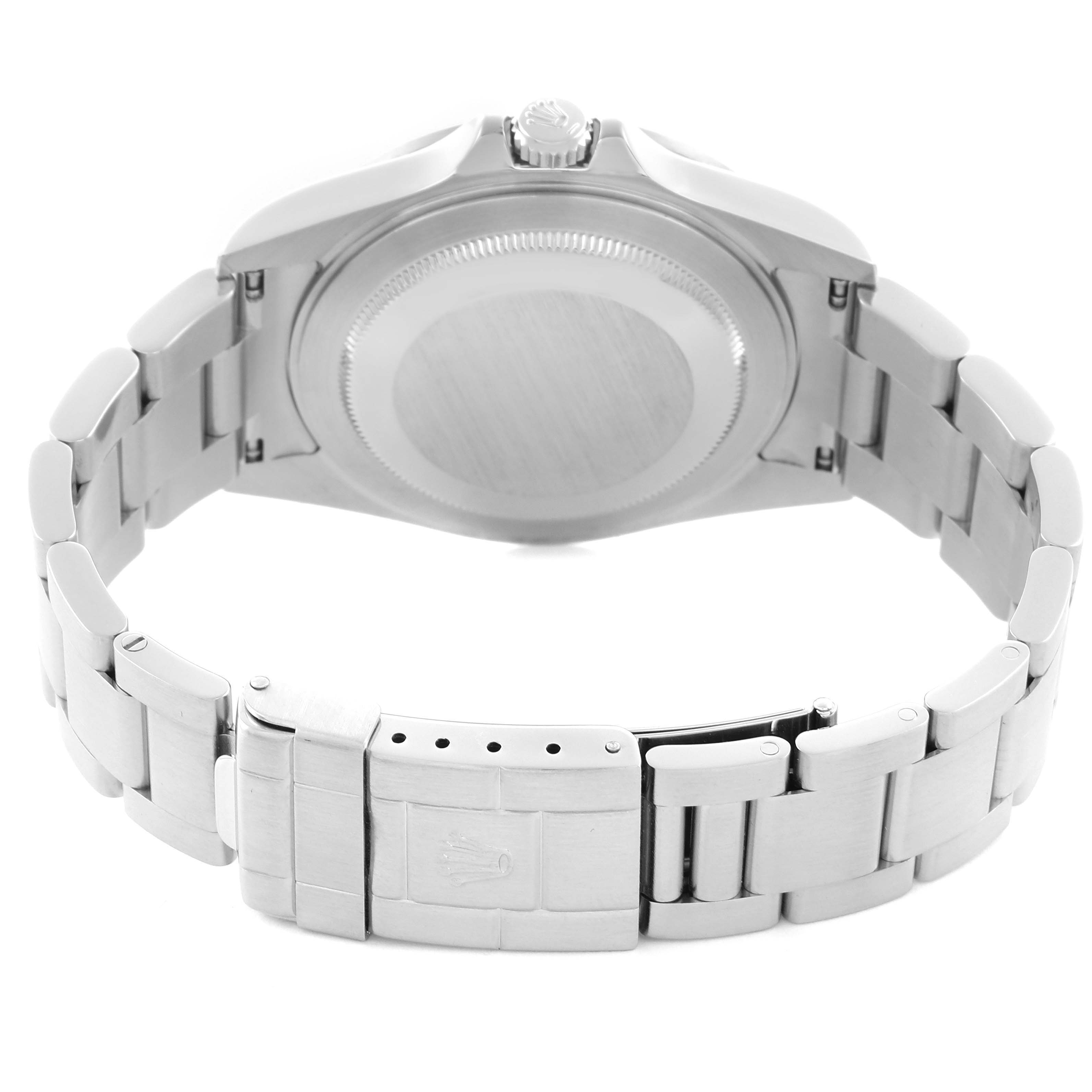 The image shows the back view of a Rolex Explorer 16570 Men's Stainless Steel Black Dial 16570 Men's Stainless Steel Black Dial, featuring its bracelet, clasp, and caseback.