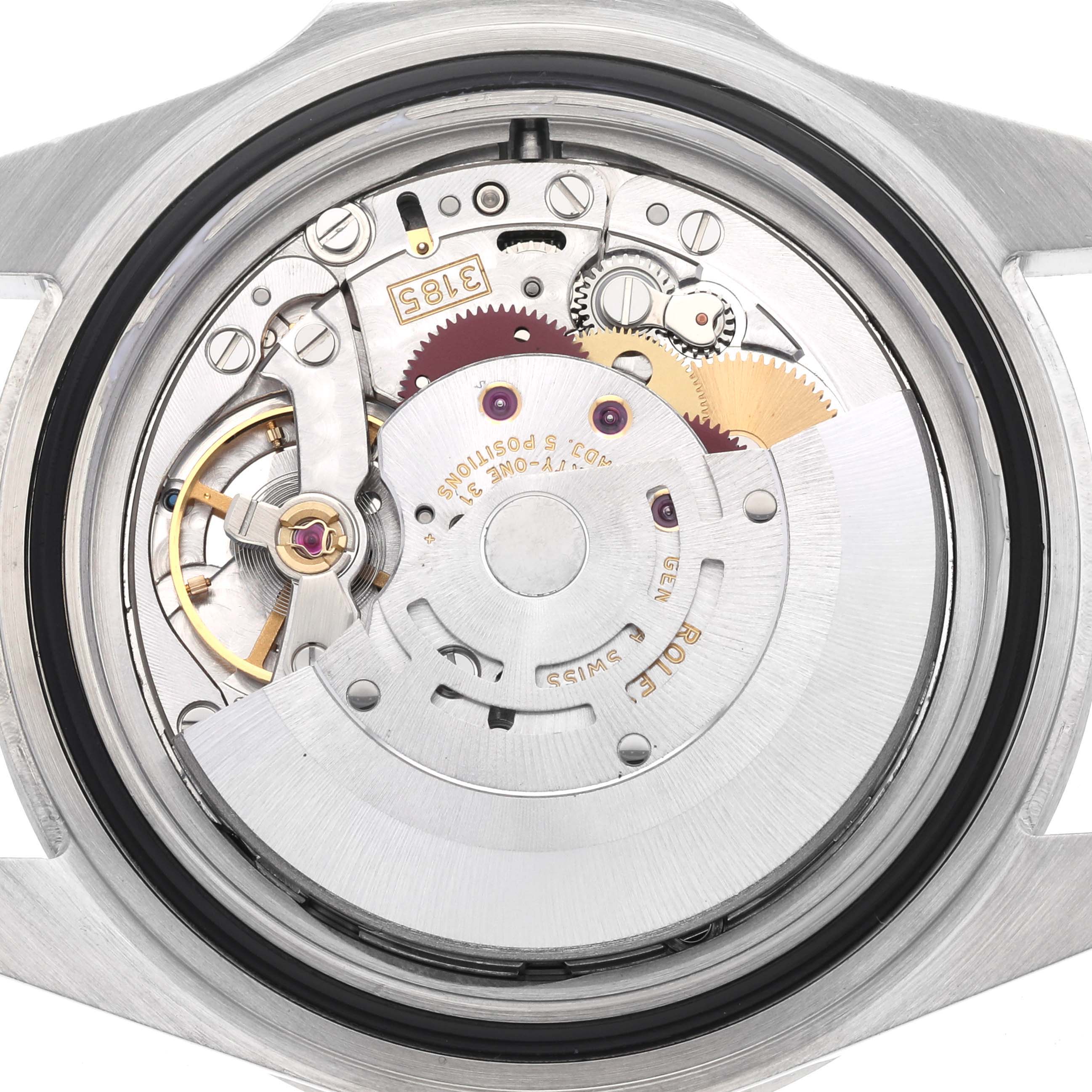 The image shows the movement from the back of a Rolex Explorer 16570 Men's Stainless Steel Black Dial 16570 Men's Stainless Steel Black Dial watch, revealing its intricate internal components.