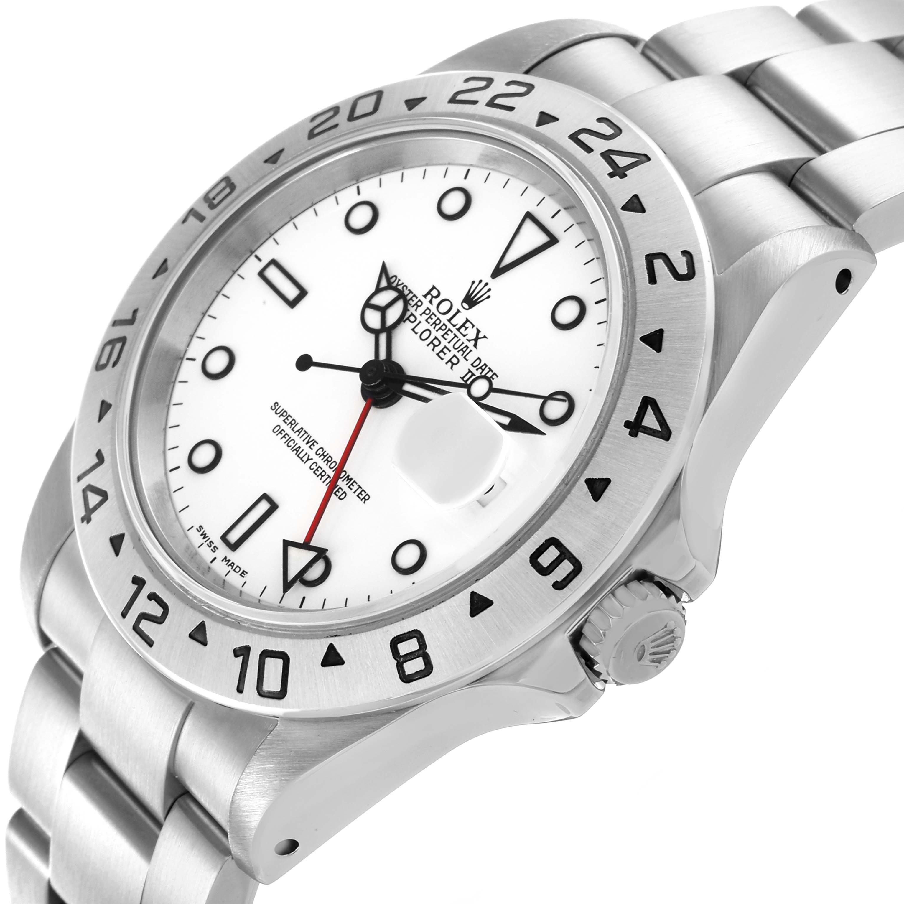 The Rolex Explorer 16570 Men's Stainless Steel White Dial 16570 Men's Stainless Steel White Dial watch is shown at an angle highlighting the dial, bezel, crown, and part of the bracelet.